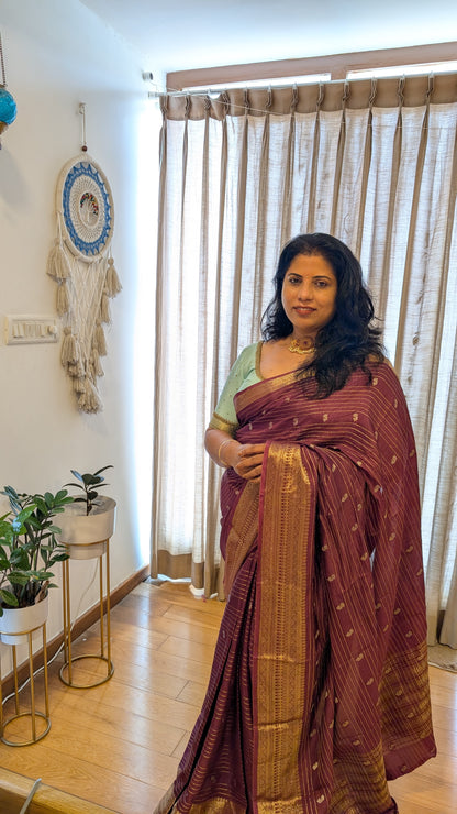 Maroon with Golden Stripes Semi Crepe Silk Saree