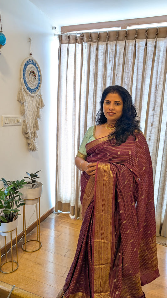 Maroon with Golden Stripes Semi Crepe Silk Saree