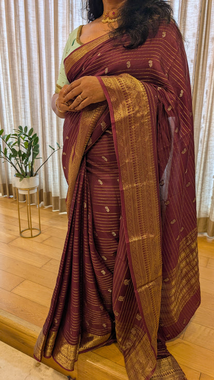 Maroon with Golden Stripes Semi Crepe Silk Saree