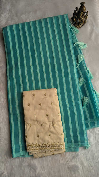 Turquoise Blue Stripes Saree with Work blouse