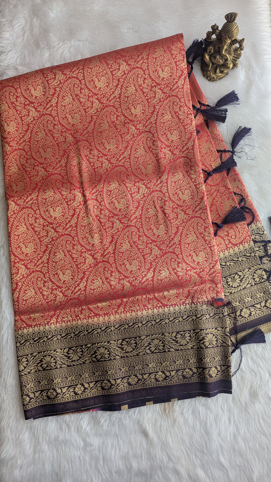 Pinkish Red and Purple Brocade Silk Saree