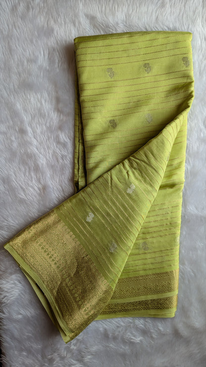 Pista Green with Golden Stripes Semi Crepe Silk Saree