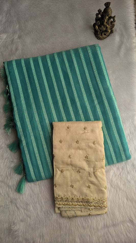 Turquoise Blue Stripes Saree with Work blouse