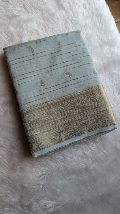 Sea Blue with Golden Stripes Semi Crepe Silk Saree