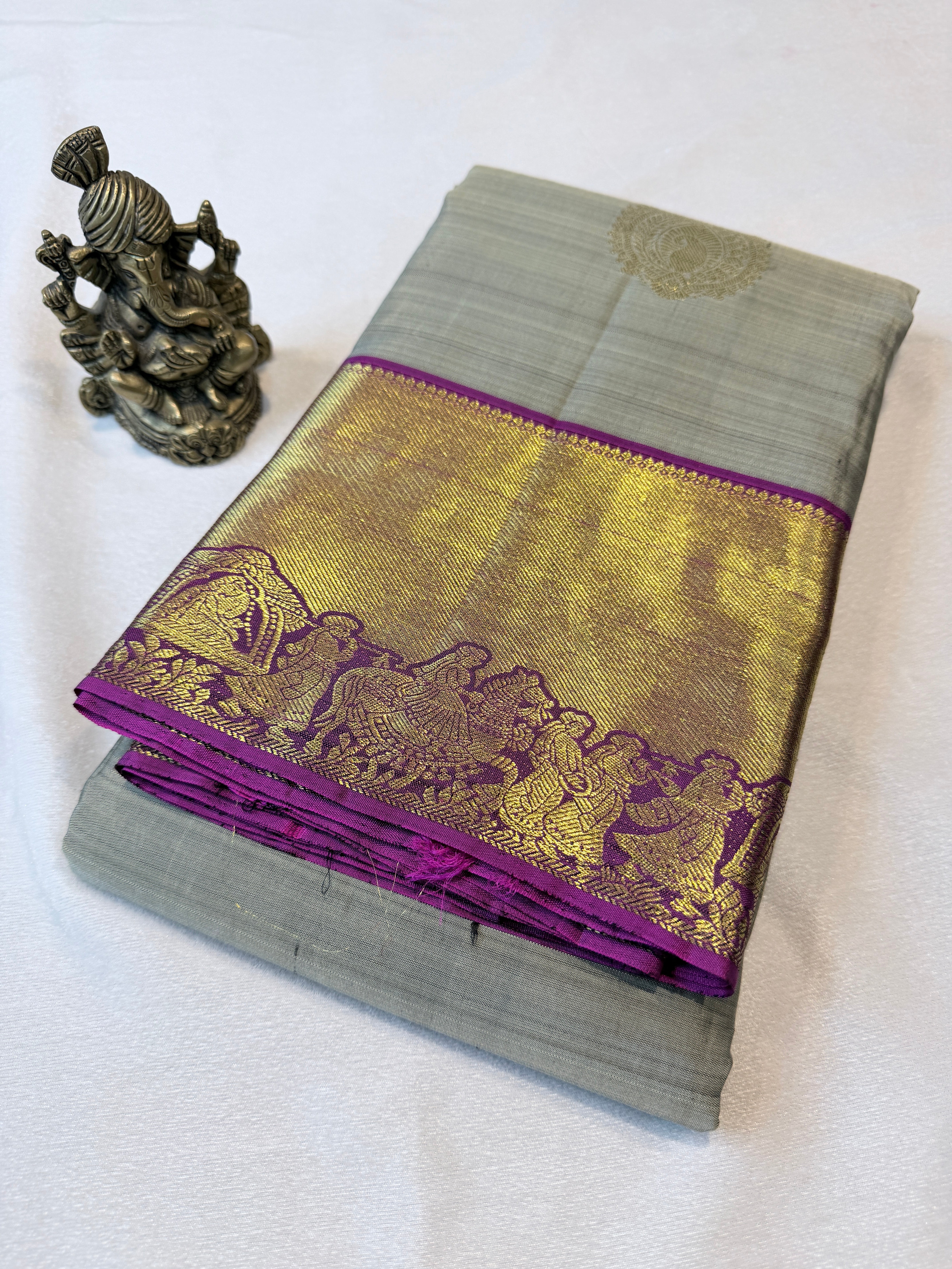Pure Handloom Kanjivaram-Greenish Grey