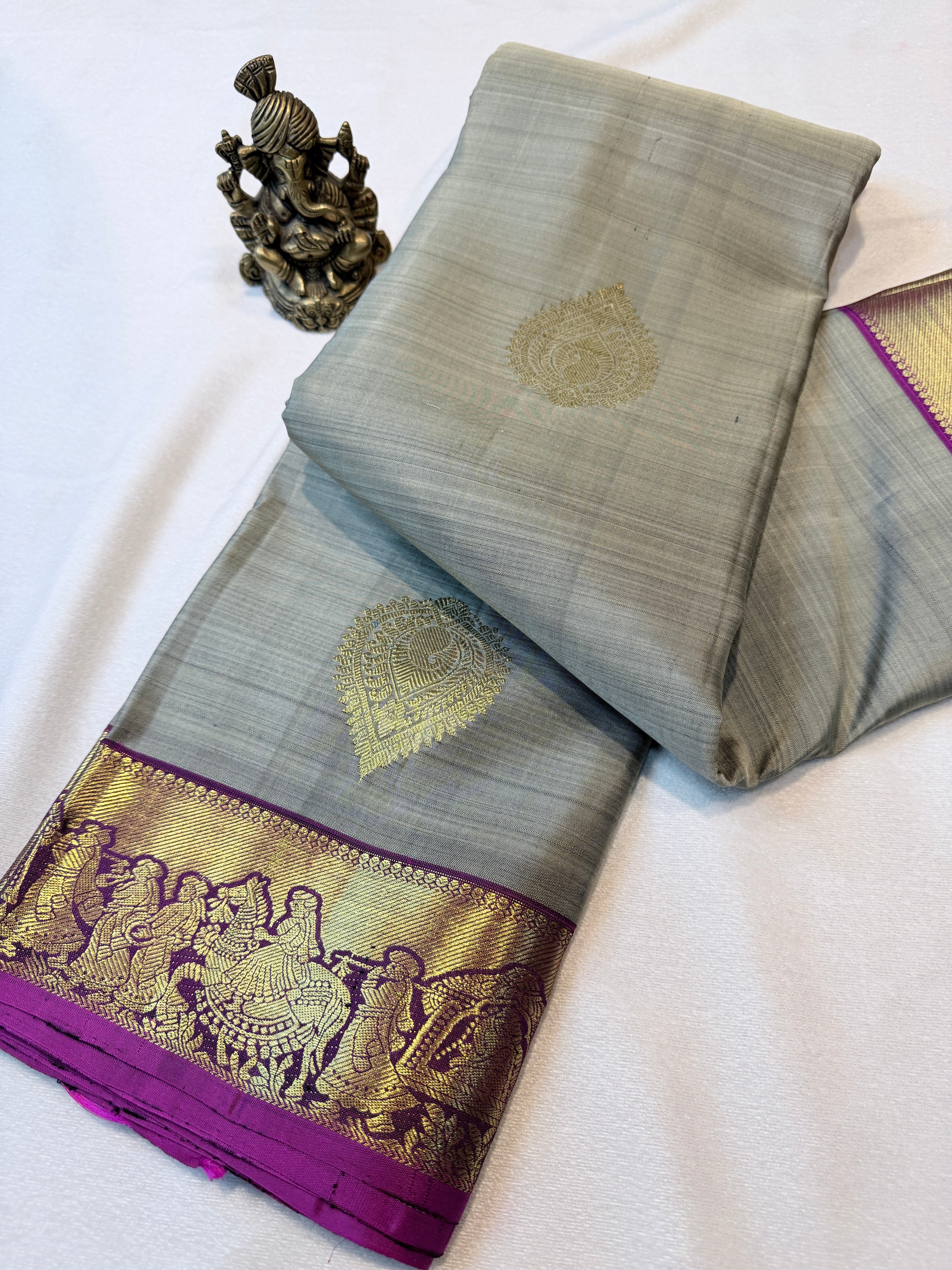 Pure Handloom Kanjivaram-Greenish Grey