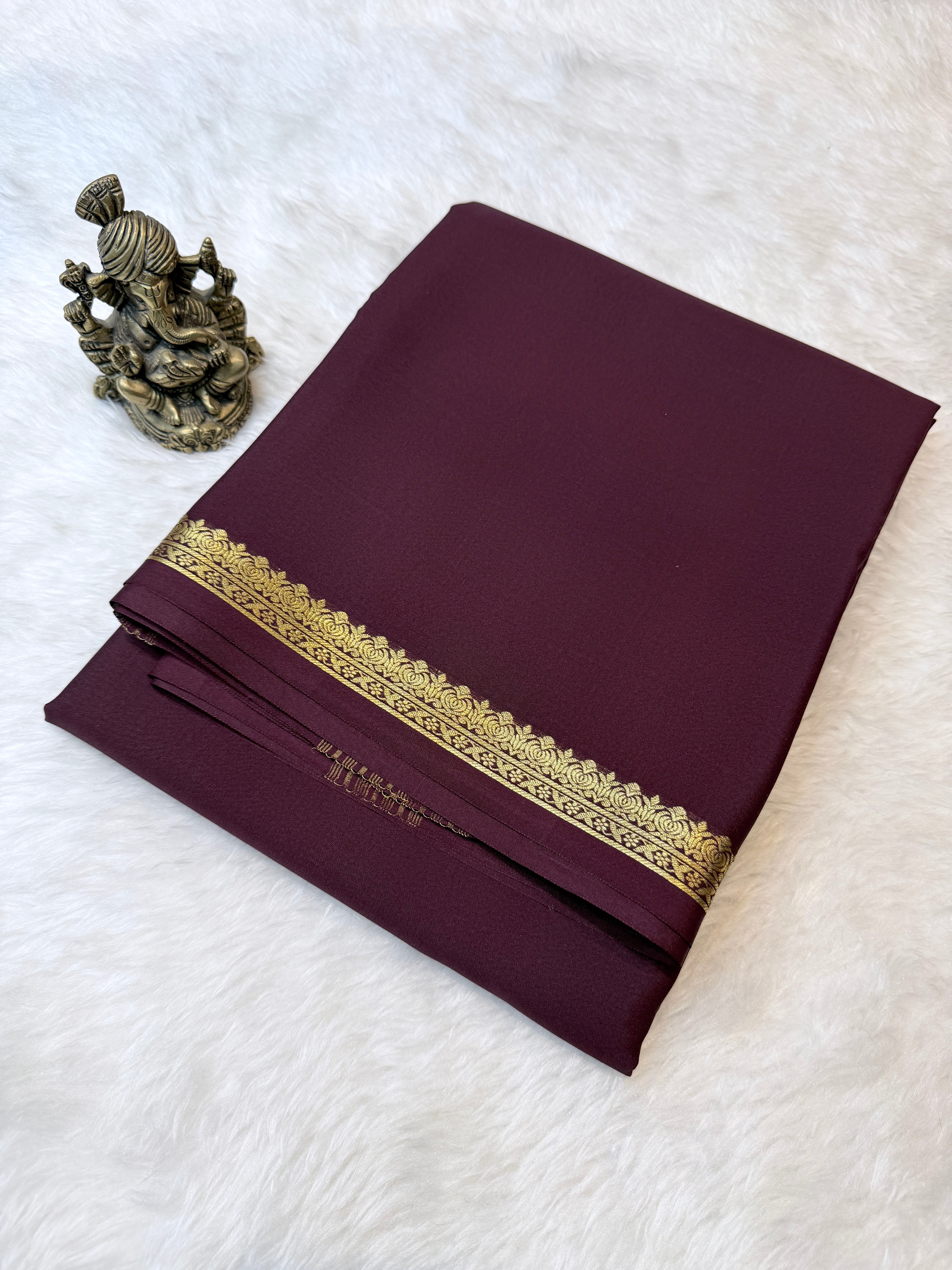 Pure Mysore Crepe Silk Small Border-Brown