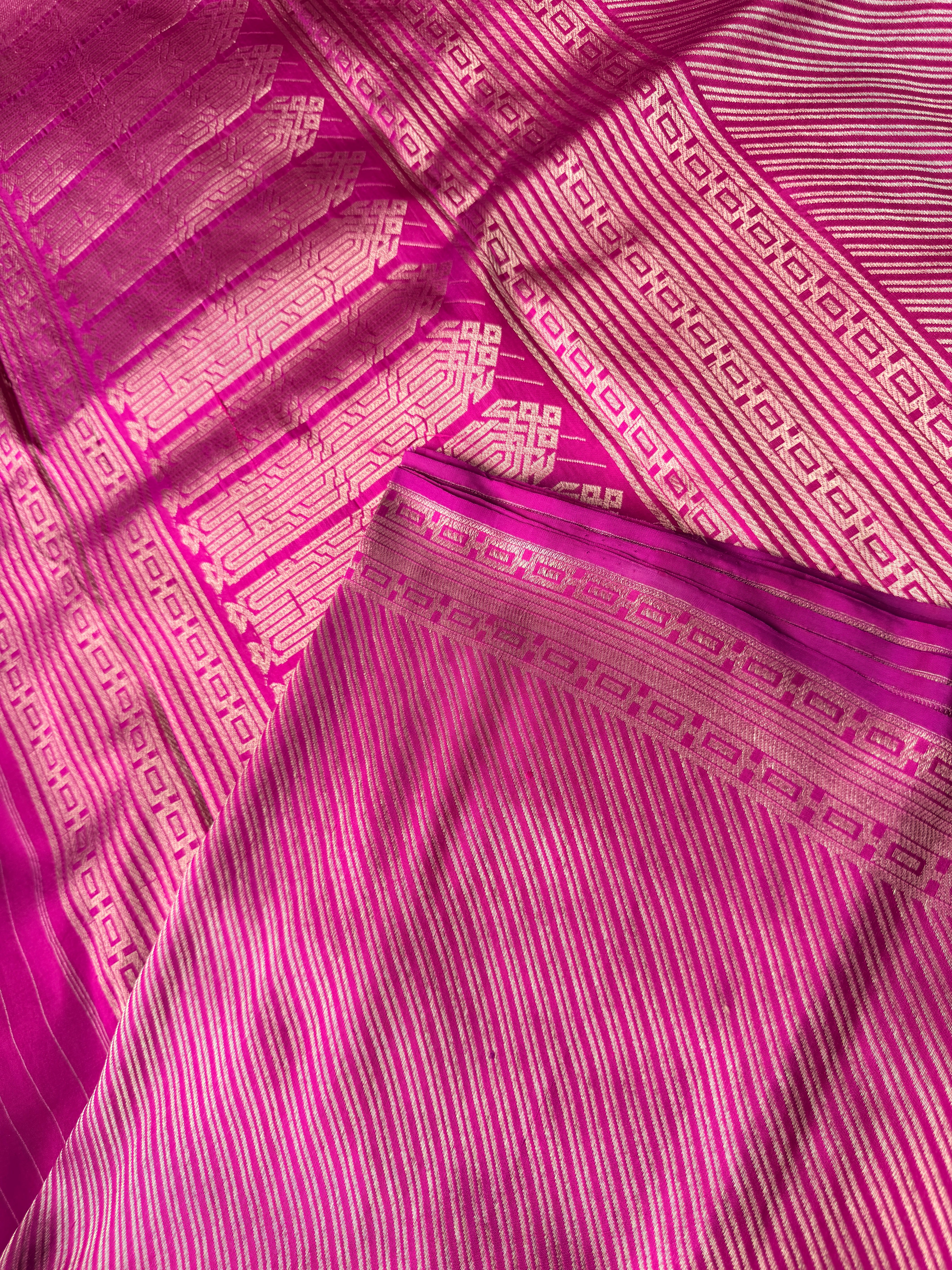 Pure Banaras Silk Meenakari Cross stripes- Rani Pink