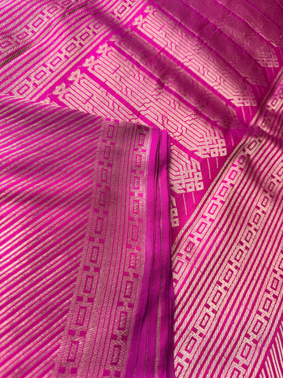 Pure Banaras Silk Meenakari Cross stripes- Rani Pink