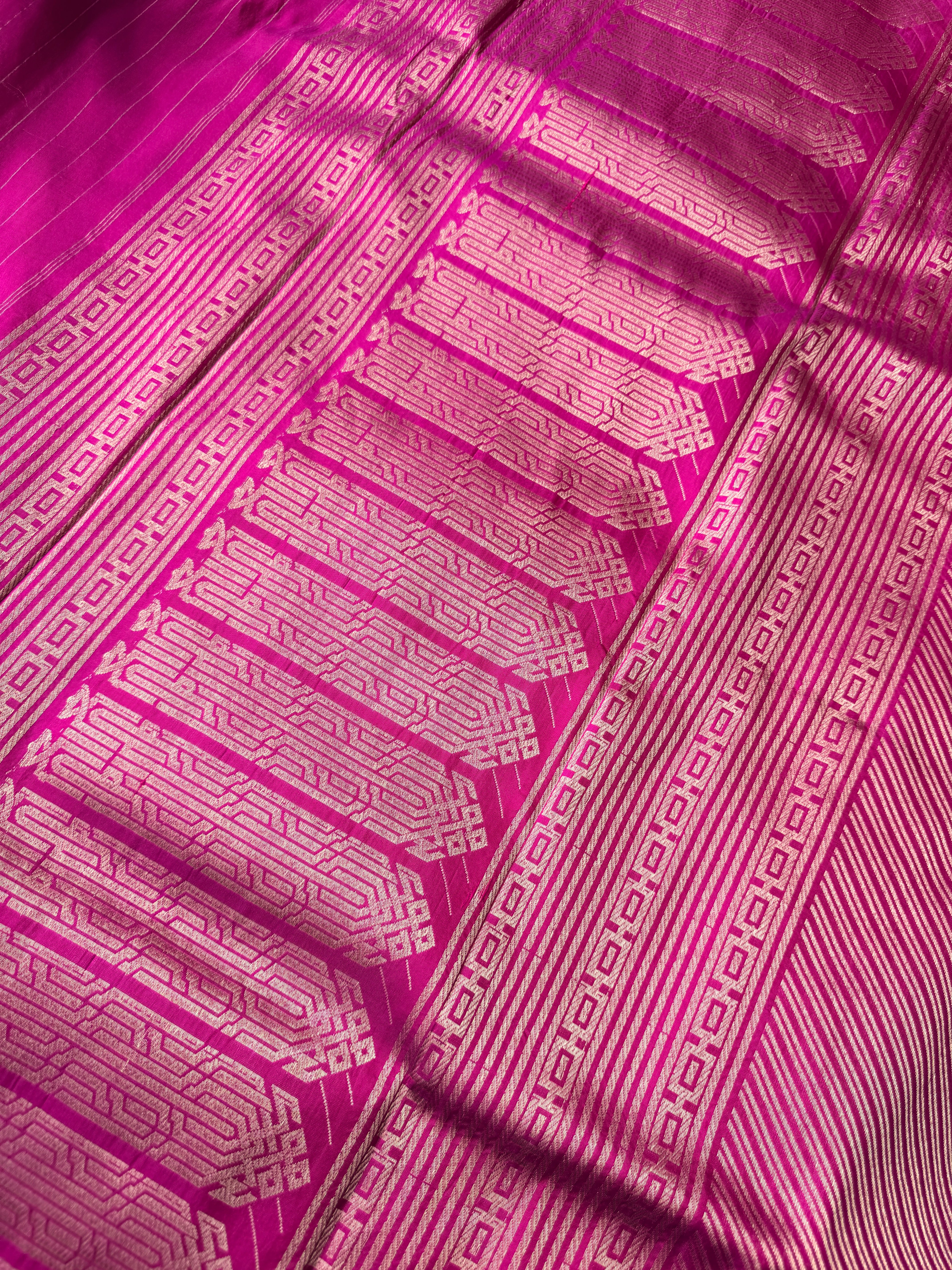 Pure Banaras Silk Meenakari Cross stripes- Rani Pink