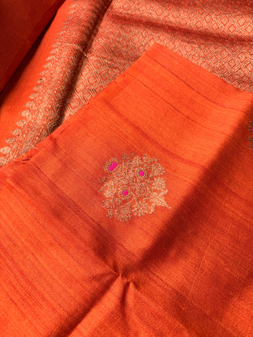 Pure Tussar Banaras Silk- Rust Orange