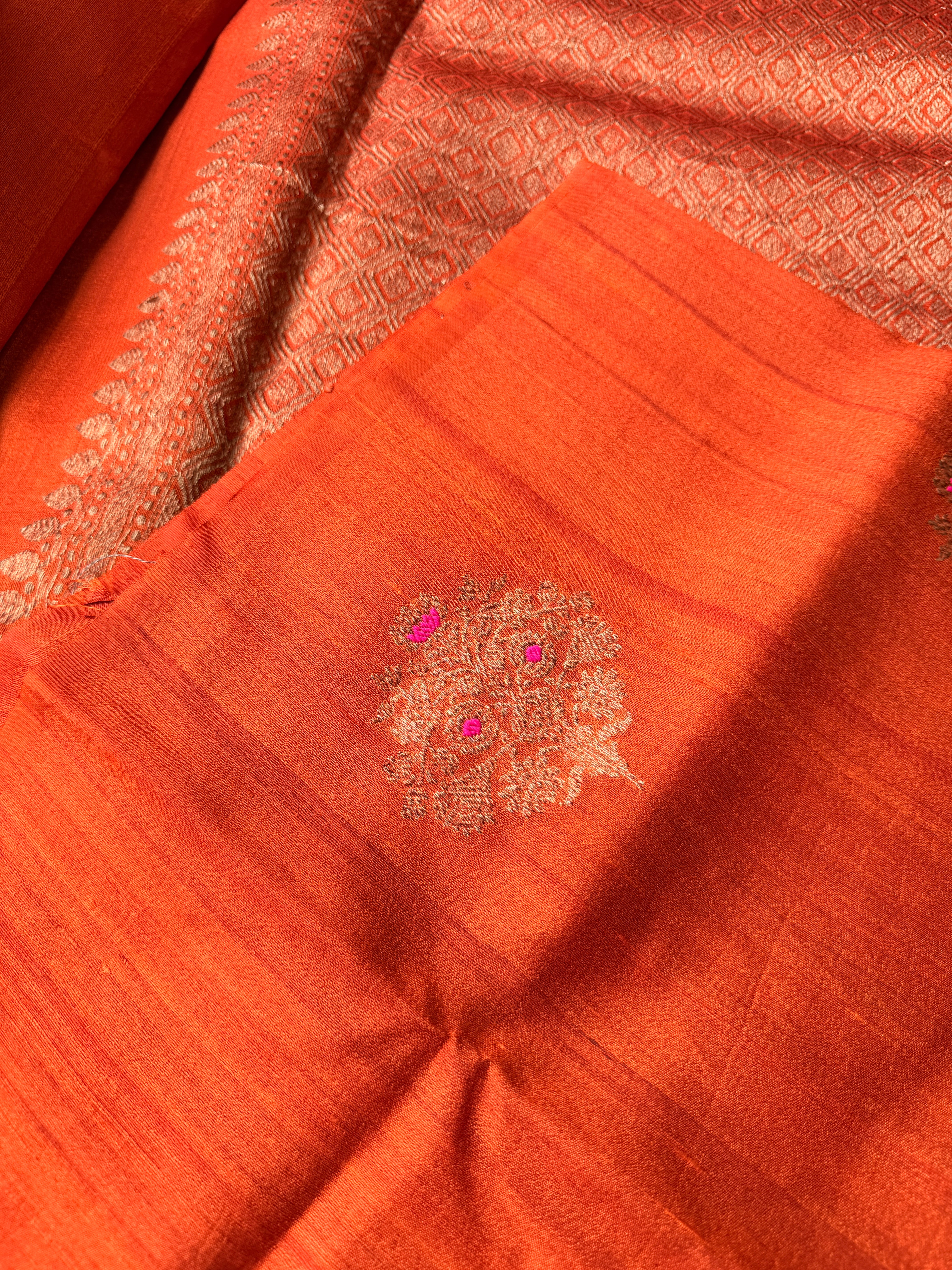 Pure Tussar Banaras Silk- Rust Orange