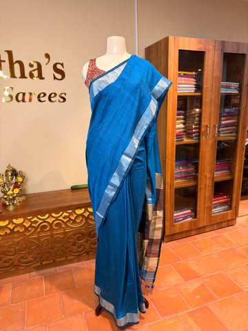 Soft Cotton Contrast Pallu-Blue N Navy Blue