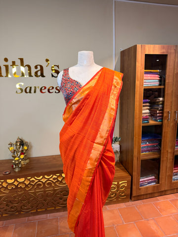 Soft Cotton Contrast Pallu-Orange N Pink