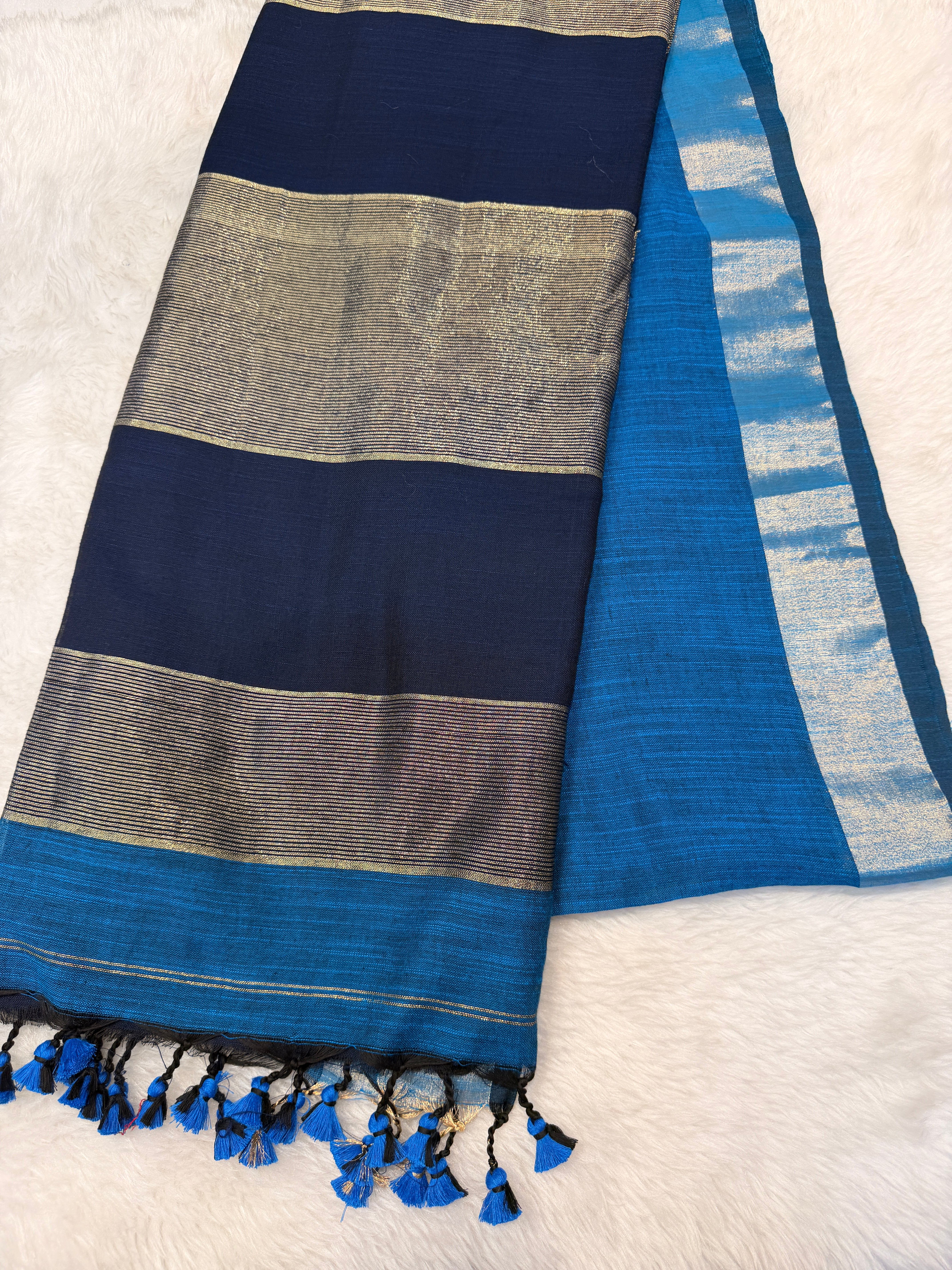 Soft Cotton Contrast Pallu-Blue N Navy Blue