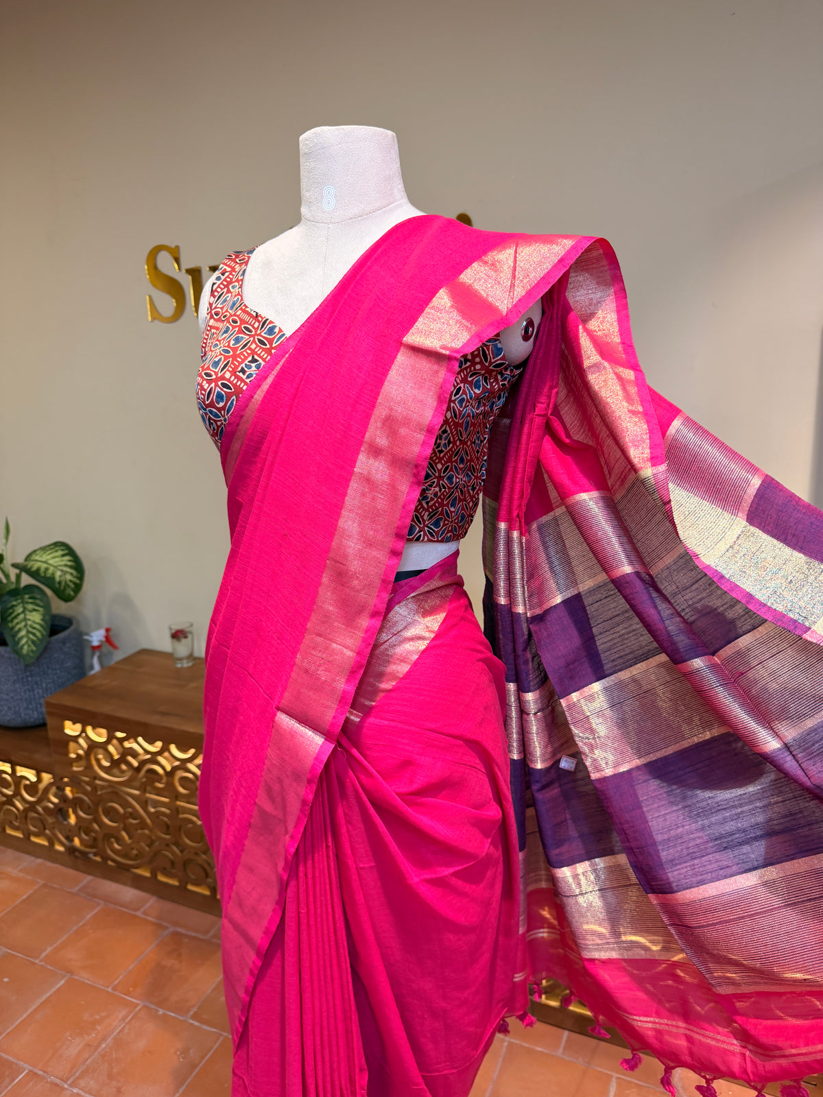 Soft Cotton  Contrast Pallu-Pink N Orange