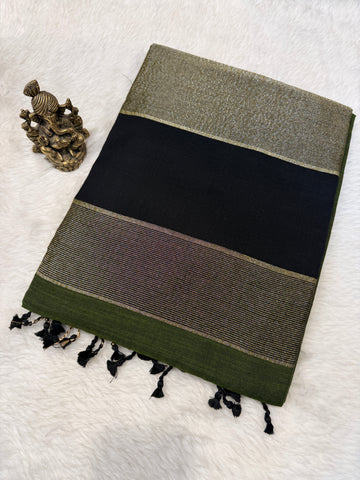 Soft Cotton Contrast Pallu-Green N Black