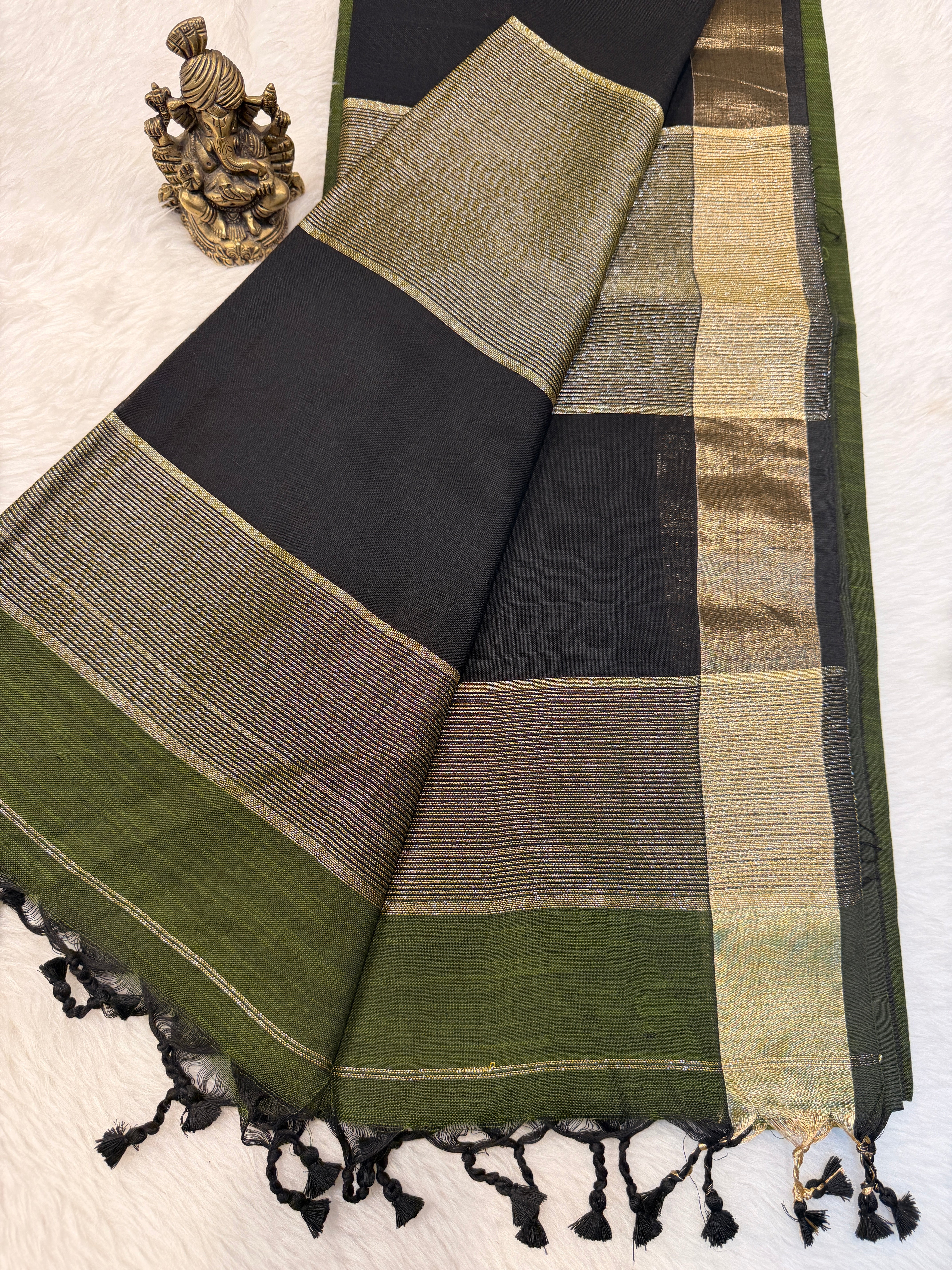 Soft Cotton Contrast Pallu-Green N Black