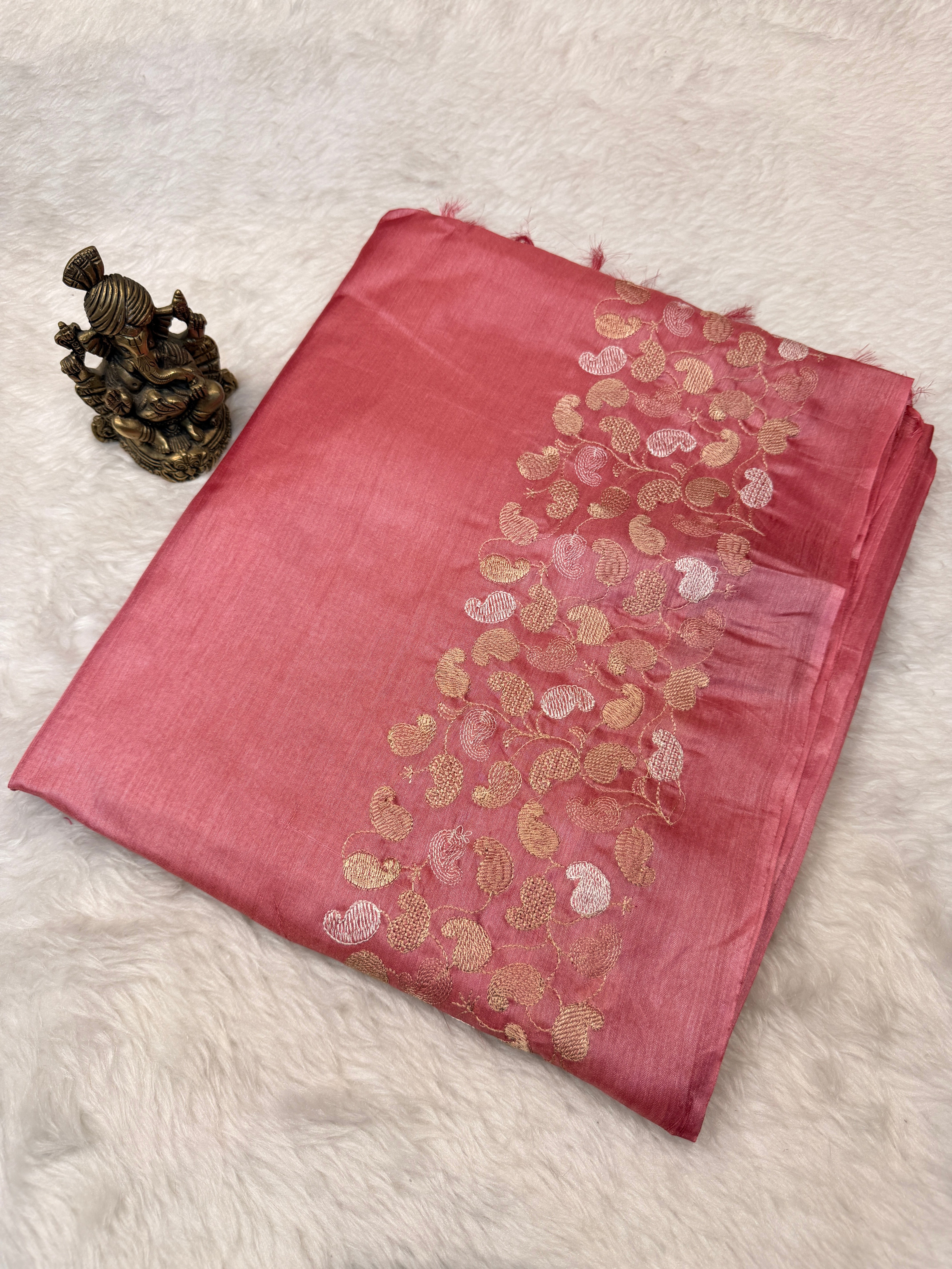 Pure Tussar Silk Pink Mango embroidery