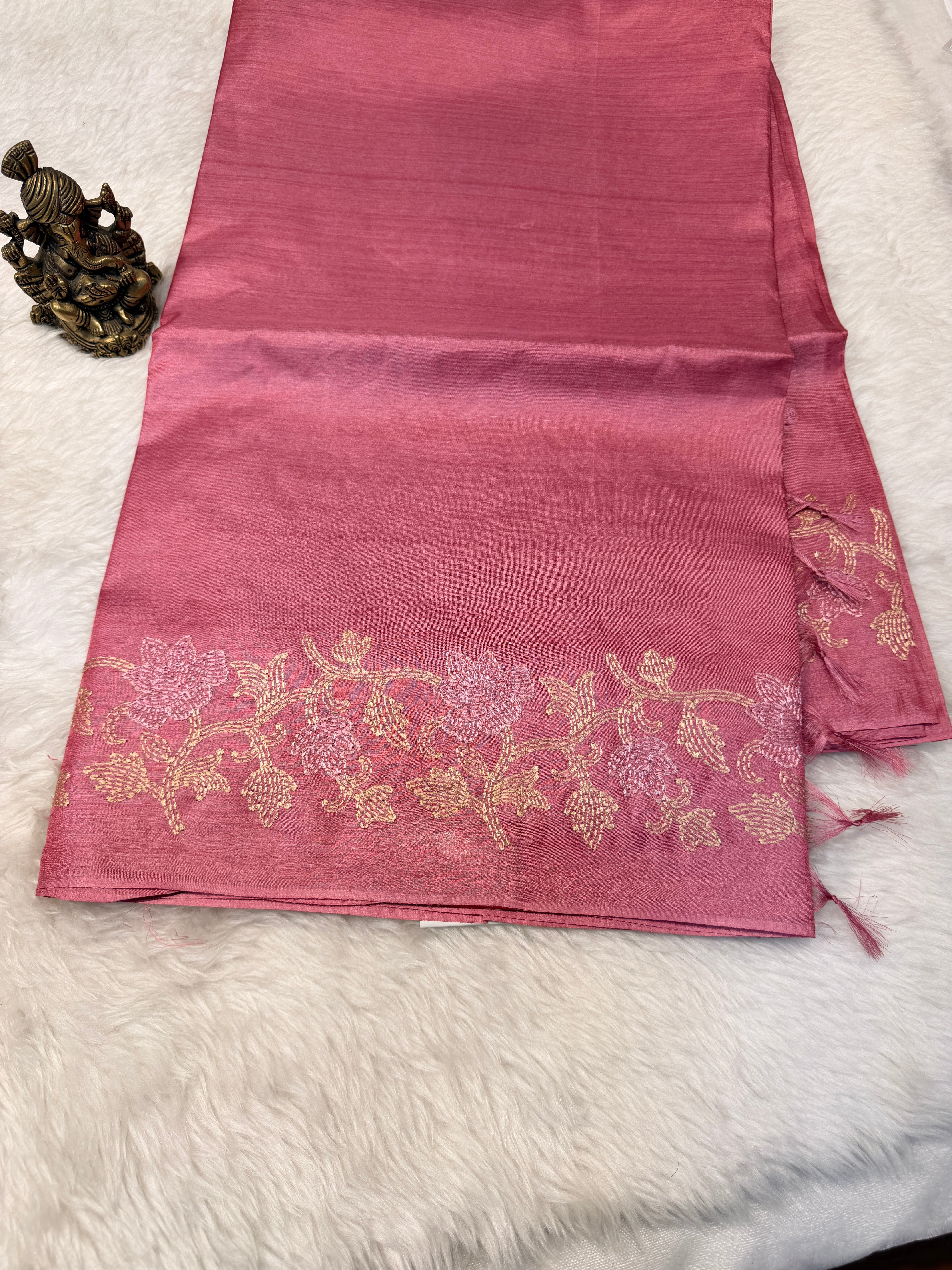 Pure Tussar Silk Pink Mango embroidery