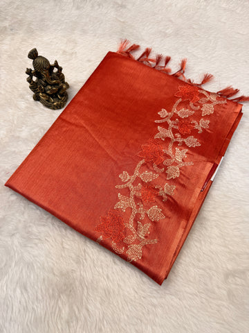 Pure Tussar Silk Rust Orange Cream embroidery
