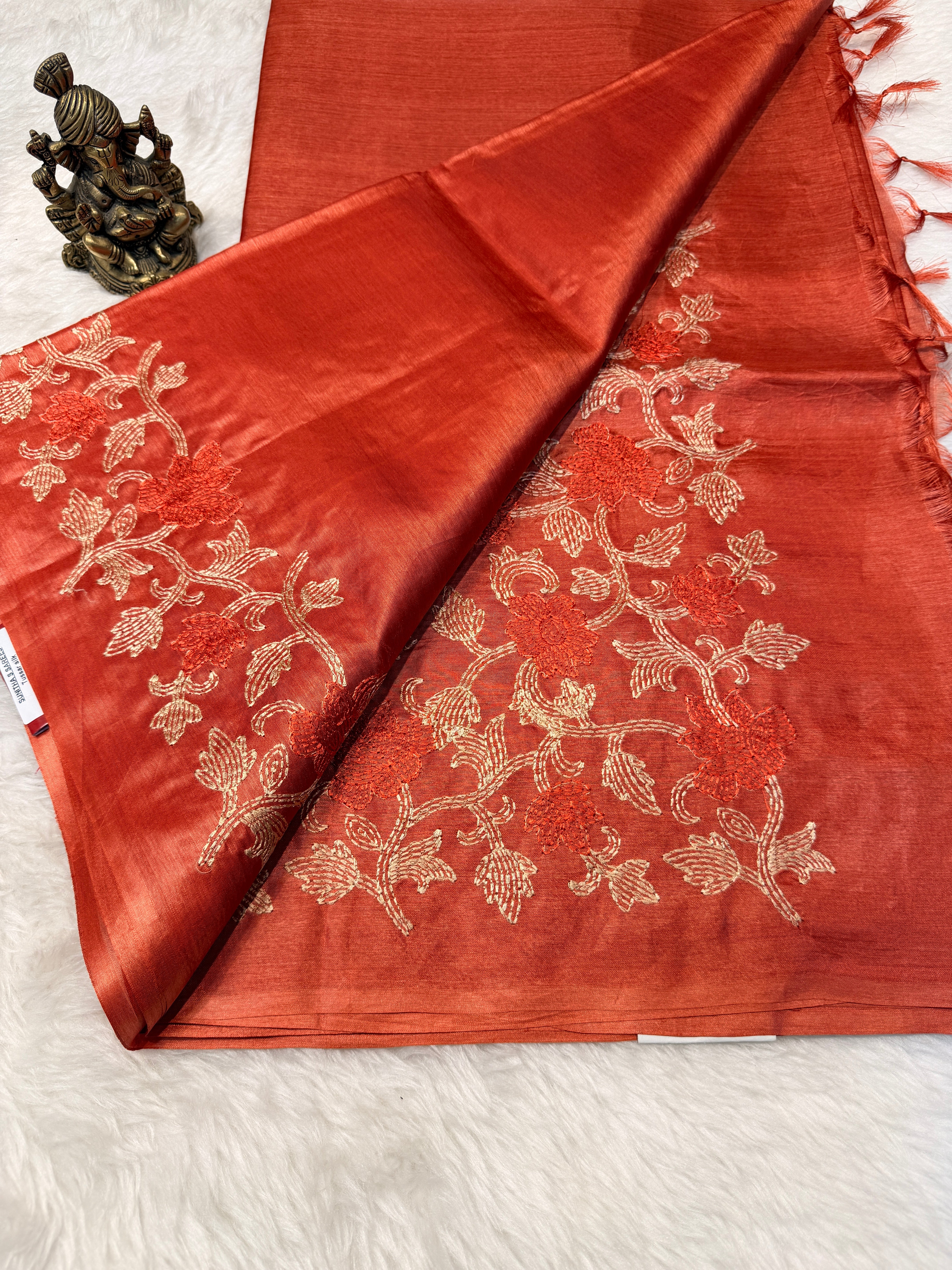 Pure Tussar Silk Rust Orange Cream embroidery