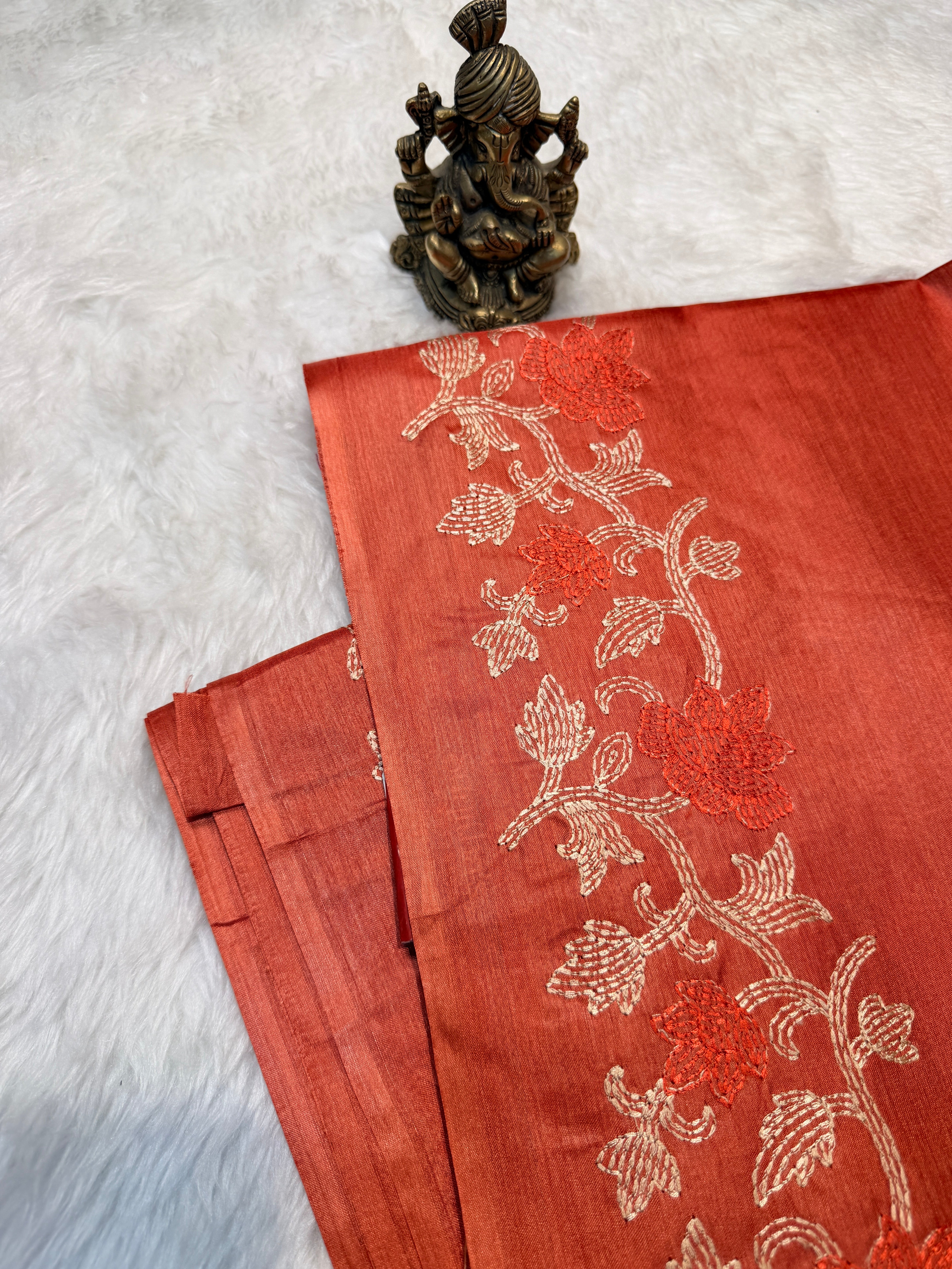 Pure Tussar Silk Rust Orange Cream embroidery