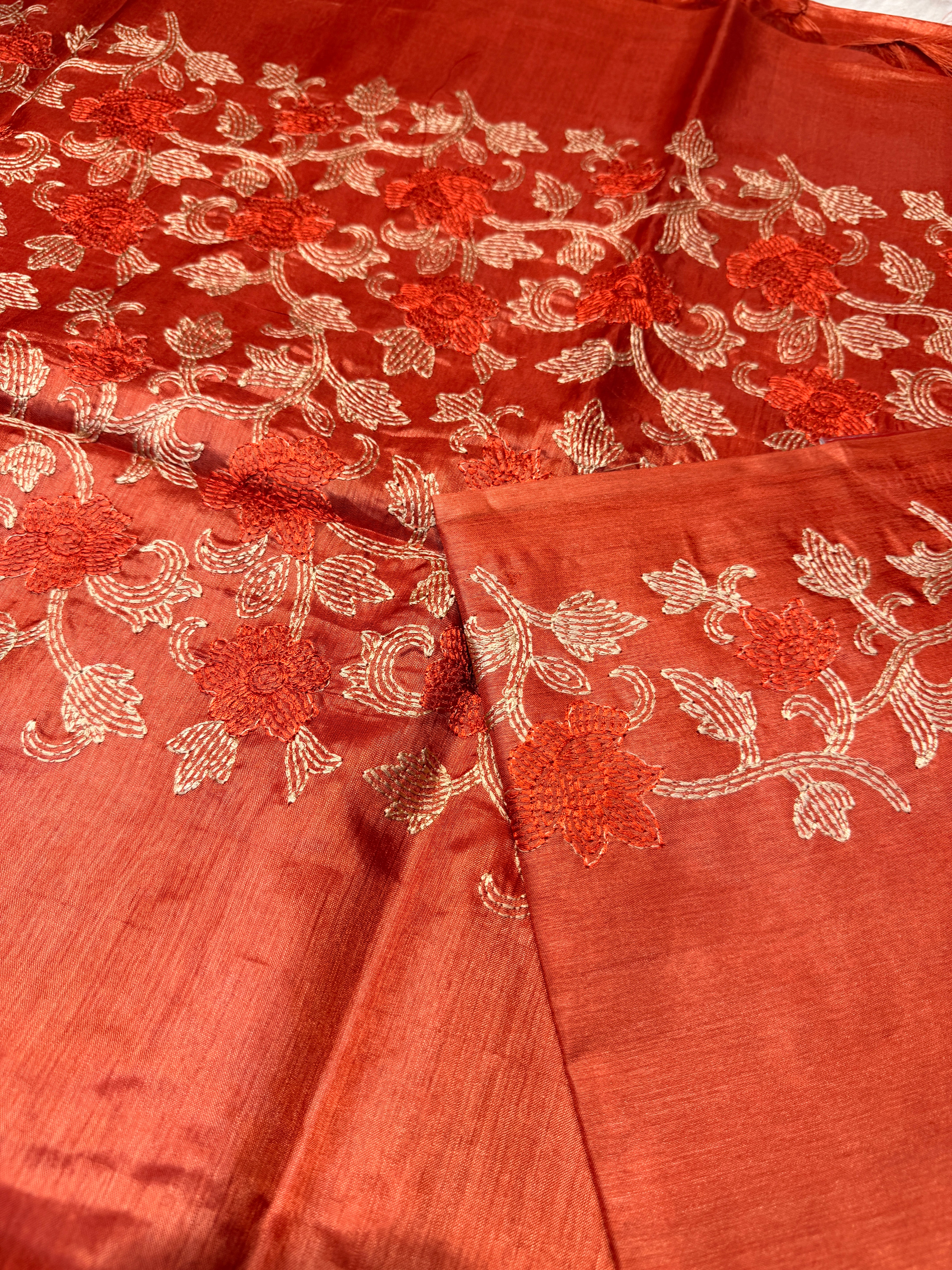 Pure Tussar Silk Rust Orange Cream embroidery