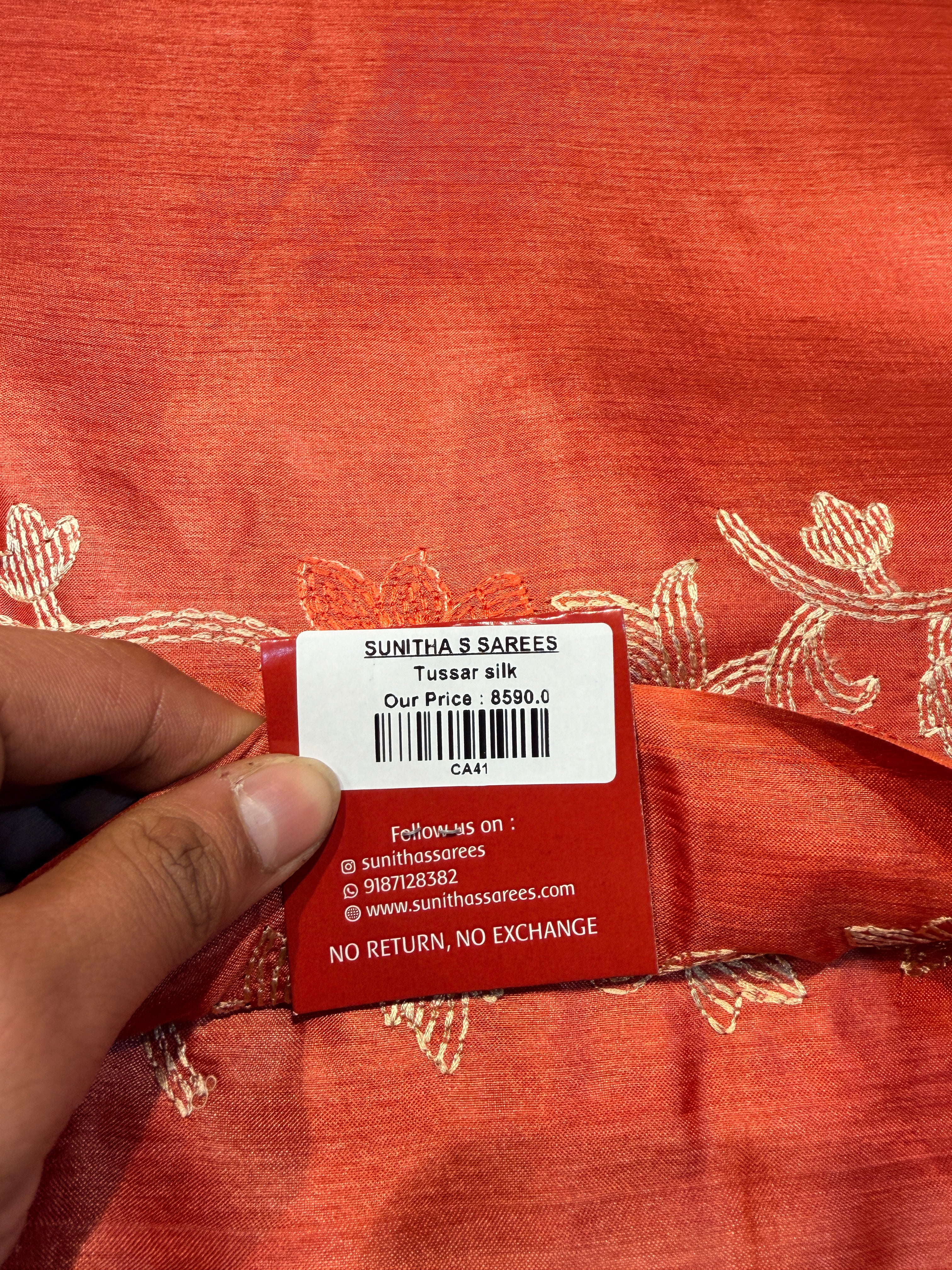 Pure Tussar Silk Rust Orange Cream embroidery