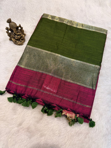 Soft Cotton Contrast Pallu-Magenta N Green