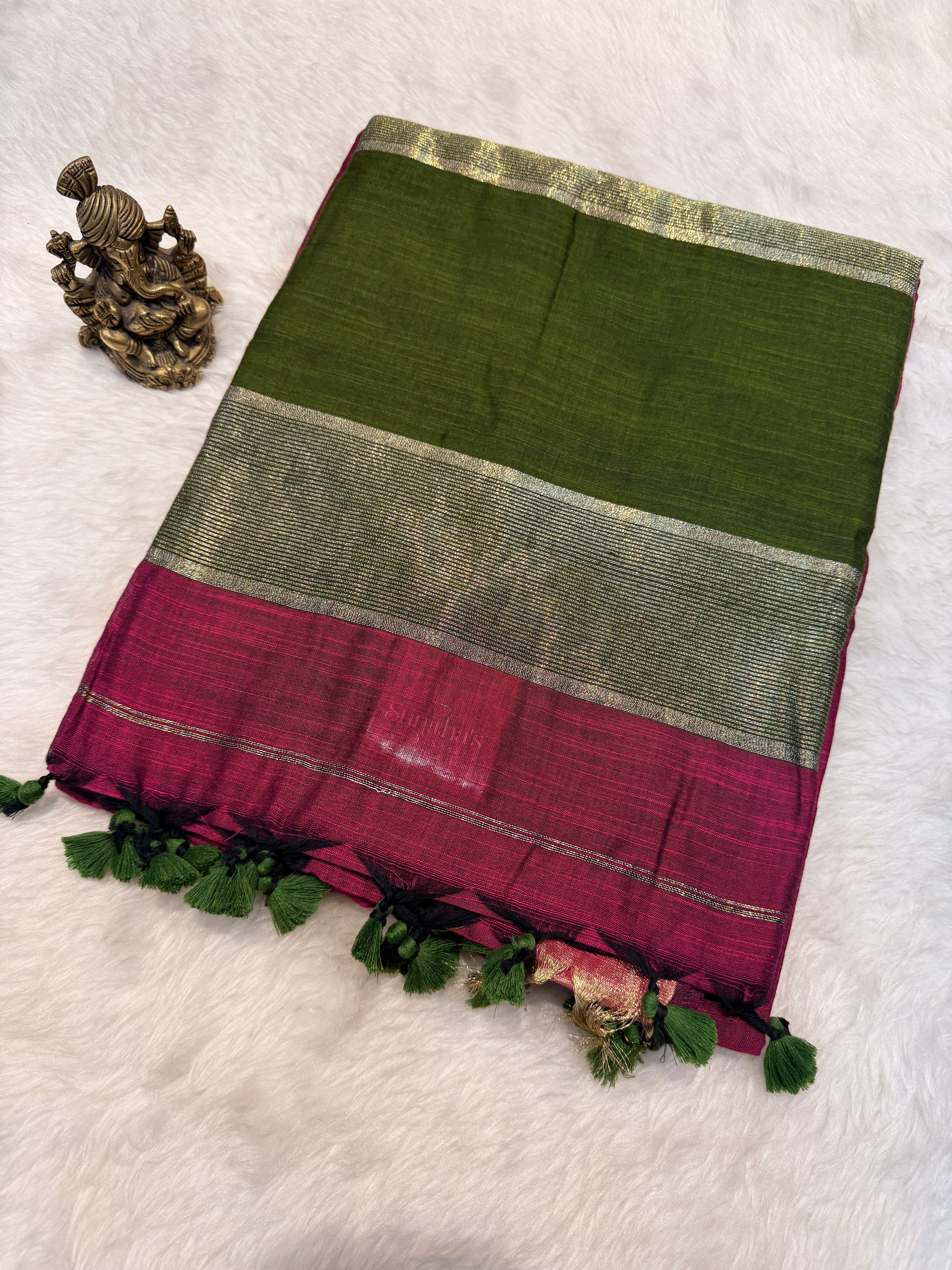 Soft Cotton Contrast Pallu-Magenta N Green