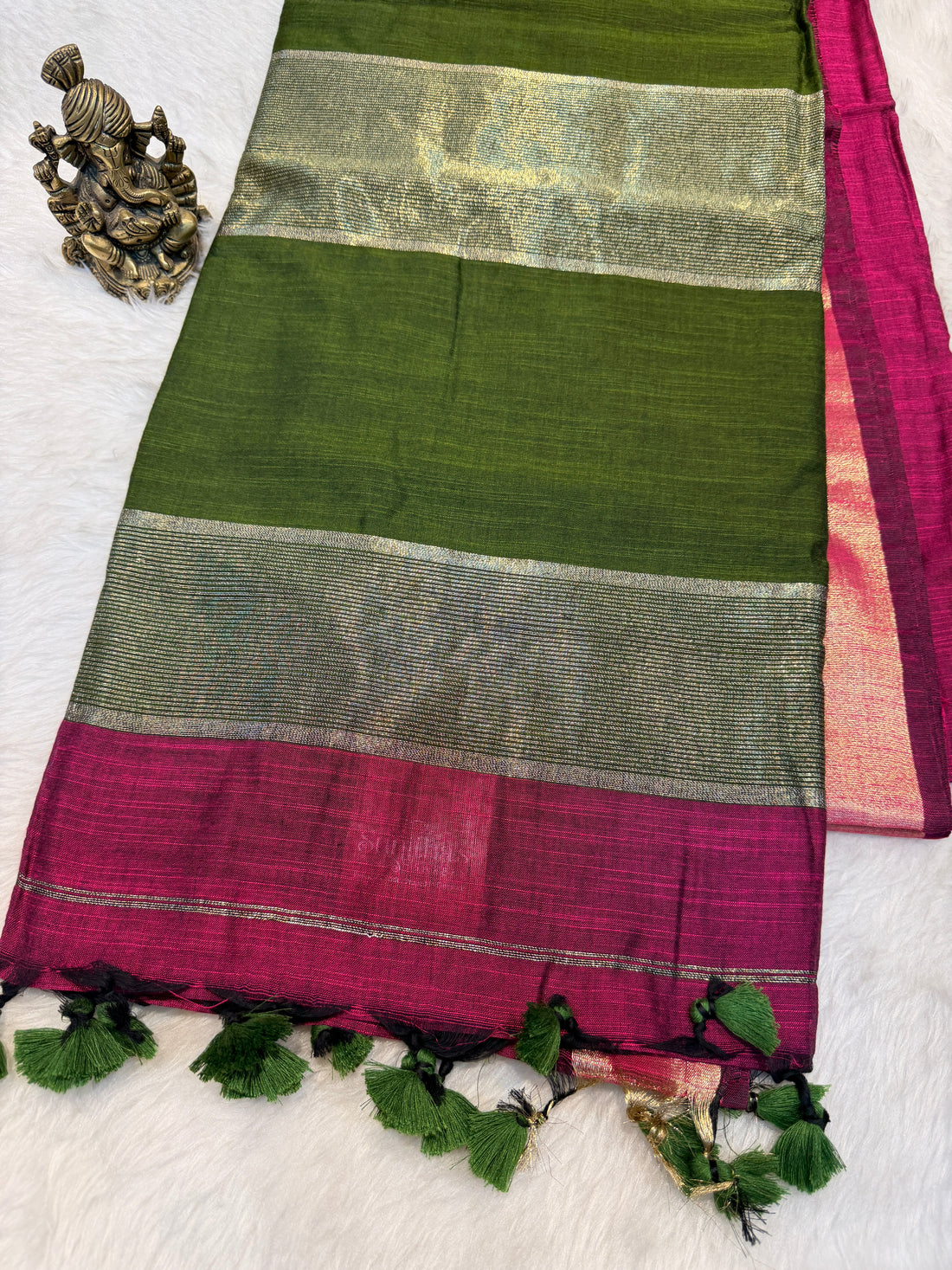 Soft Cotton Contrast Pallu-Magenta N Green