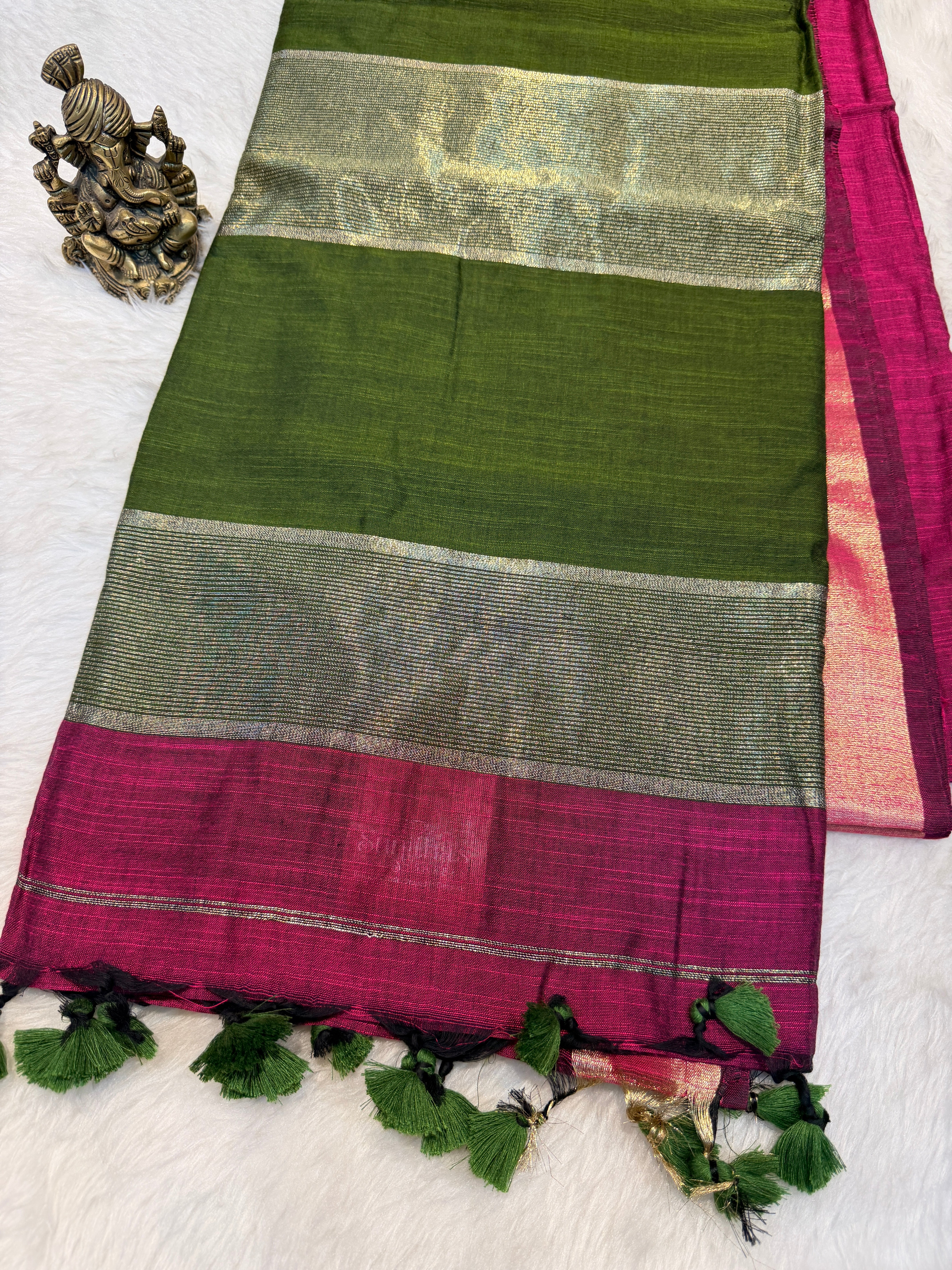 Soft Cotton Contrast Pallu-Magenta N Green