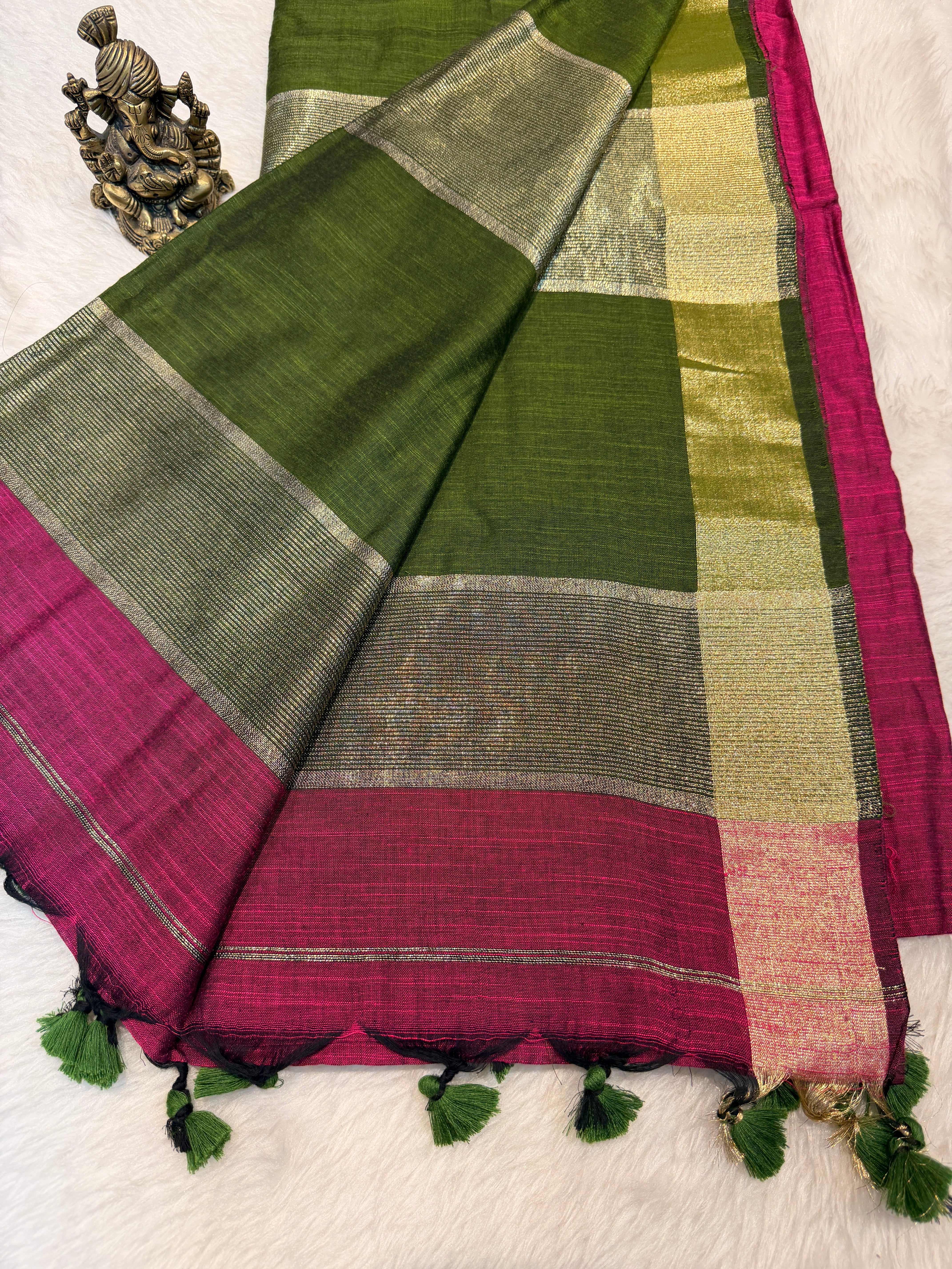 Soft Cotton Contrast Pallu-Magenta N Green