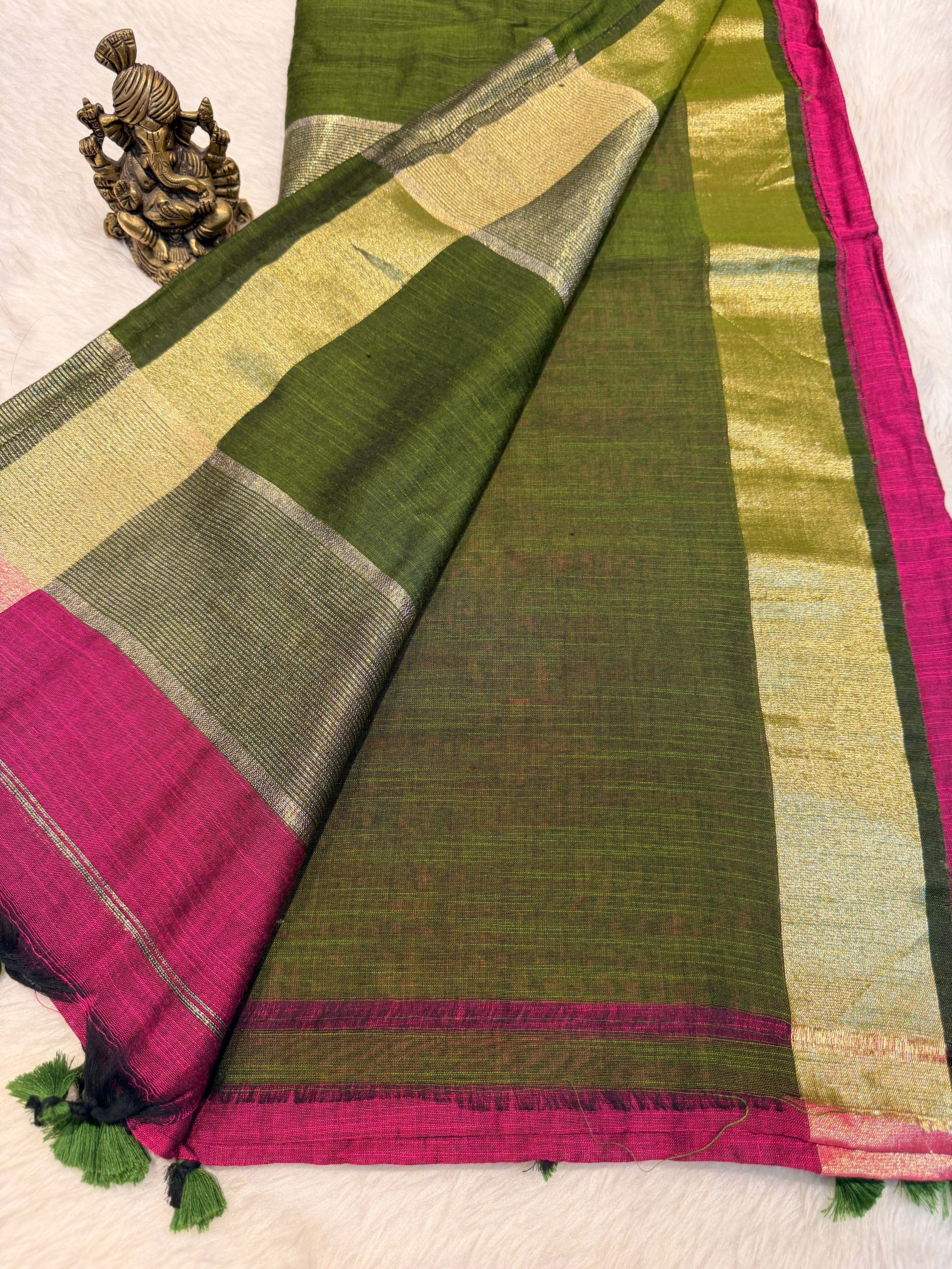 Soft Cotton Contrast Pallu-Magenta N Green