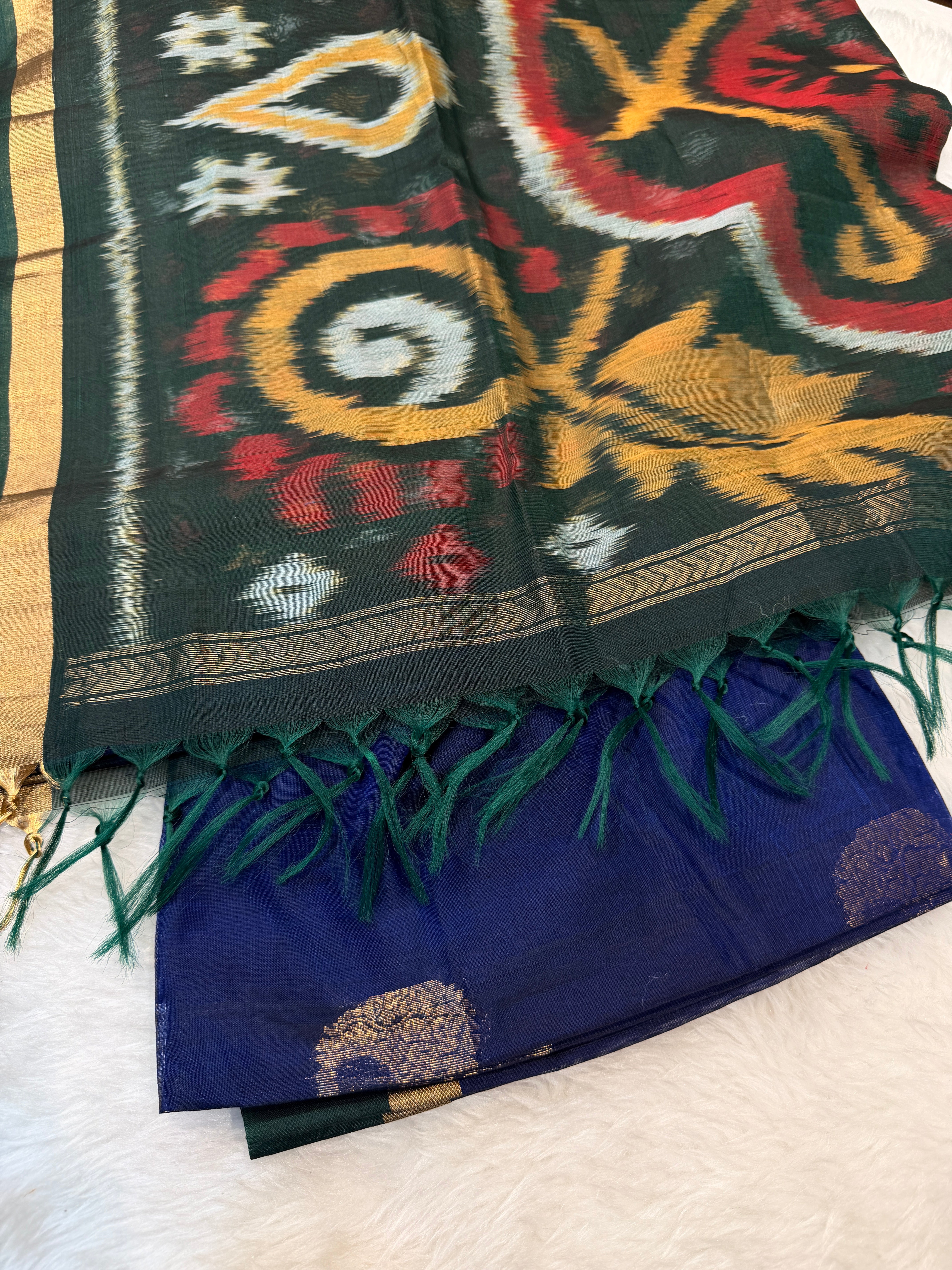 Pure Kanchi Cotton Silk- Blue N Green