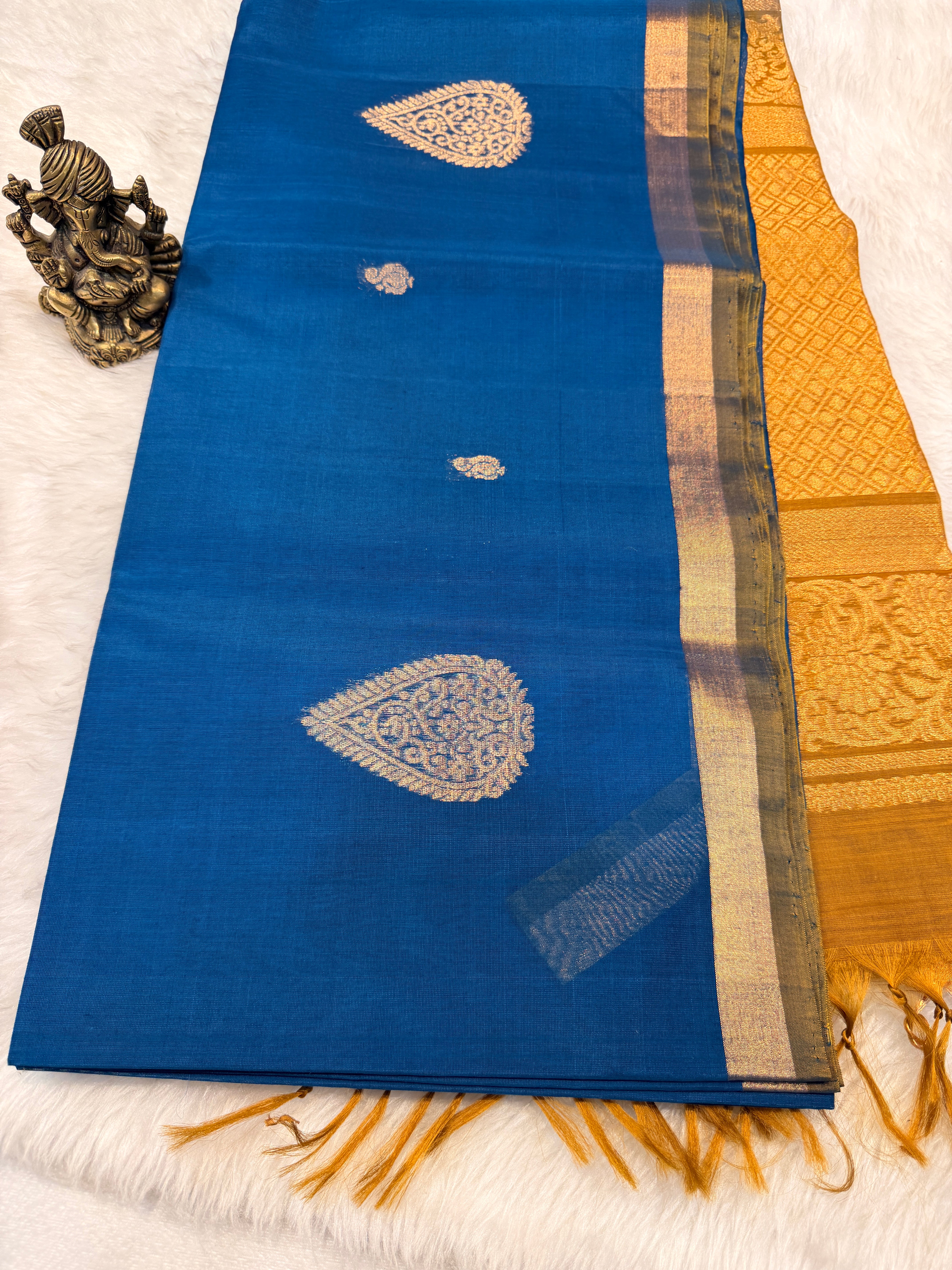 Pure Kanchi Cotton Silk- Blue N Mustard