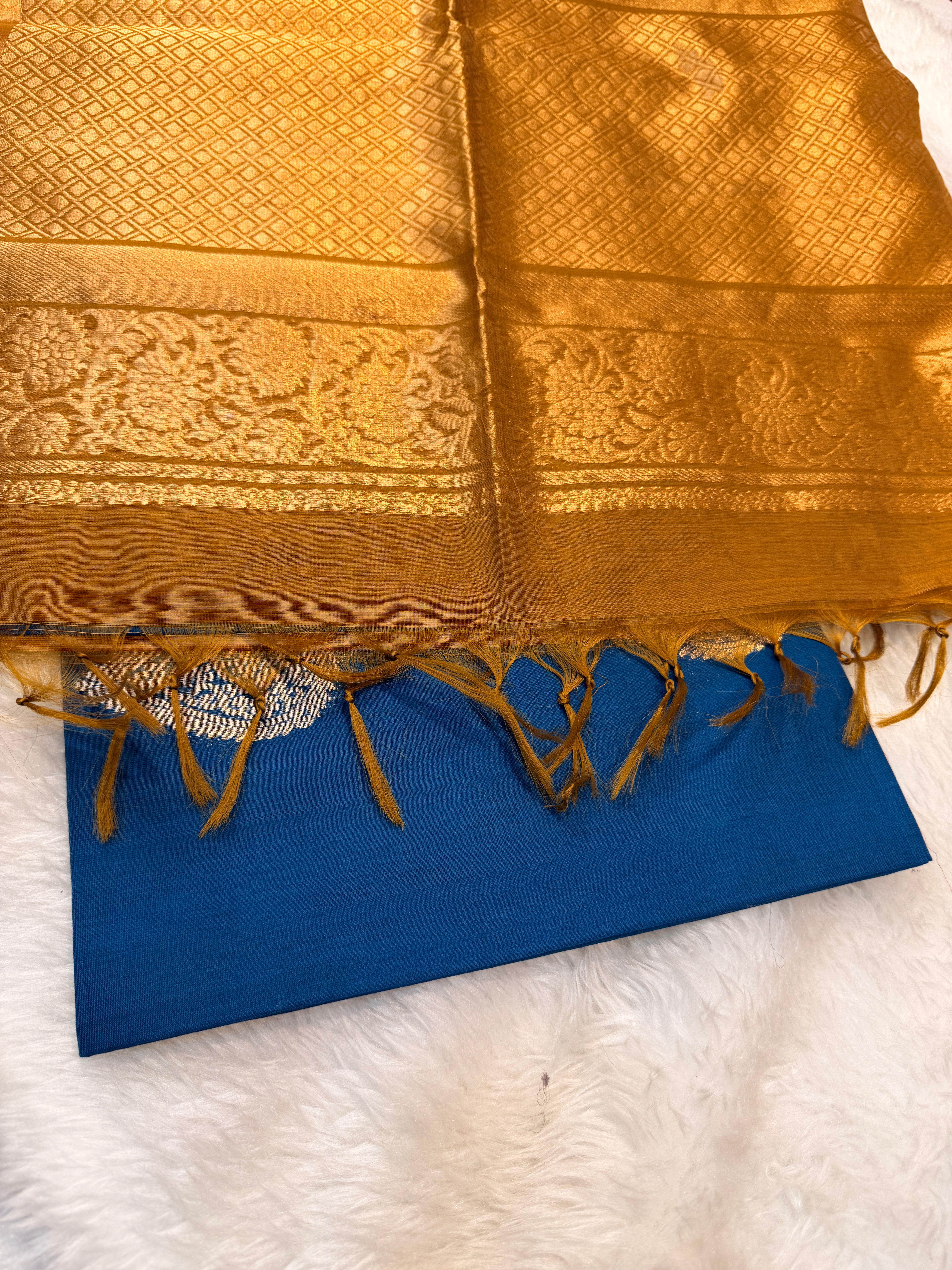 Pure Kanchi Cotton Silk- Blue N Mustard