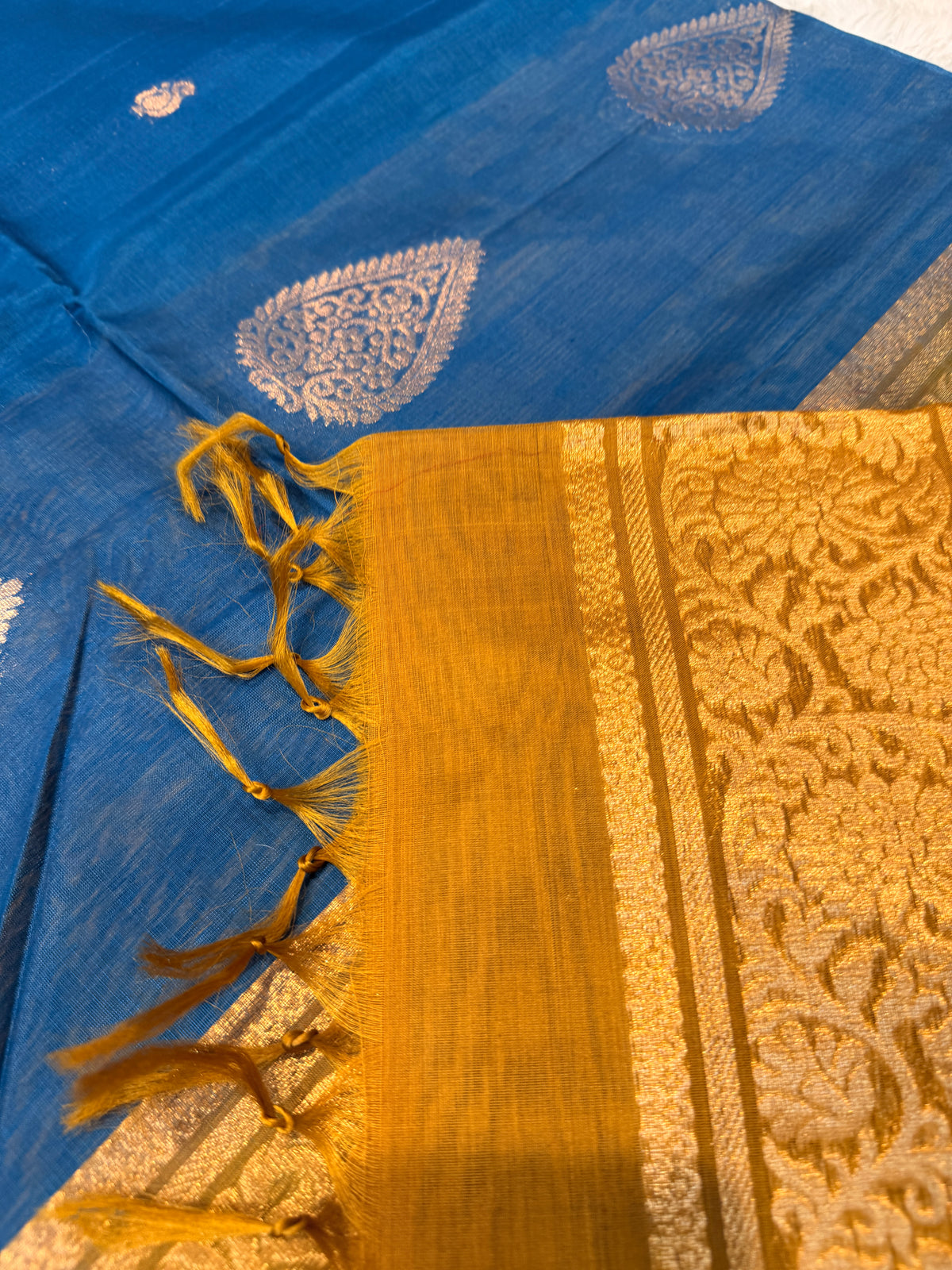 Pure Kanchi Cotton Silk- Blue N Mustard