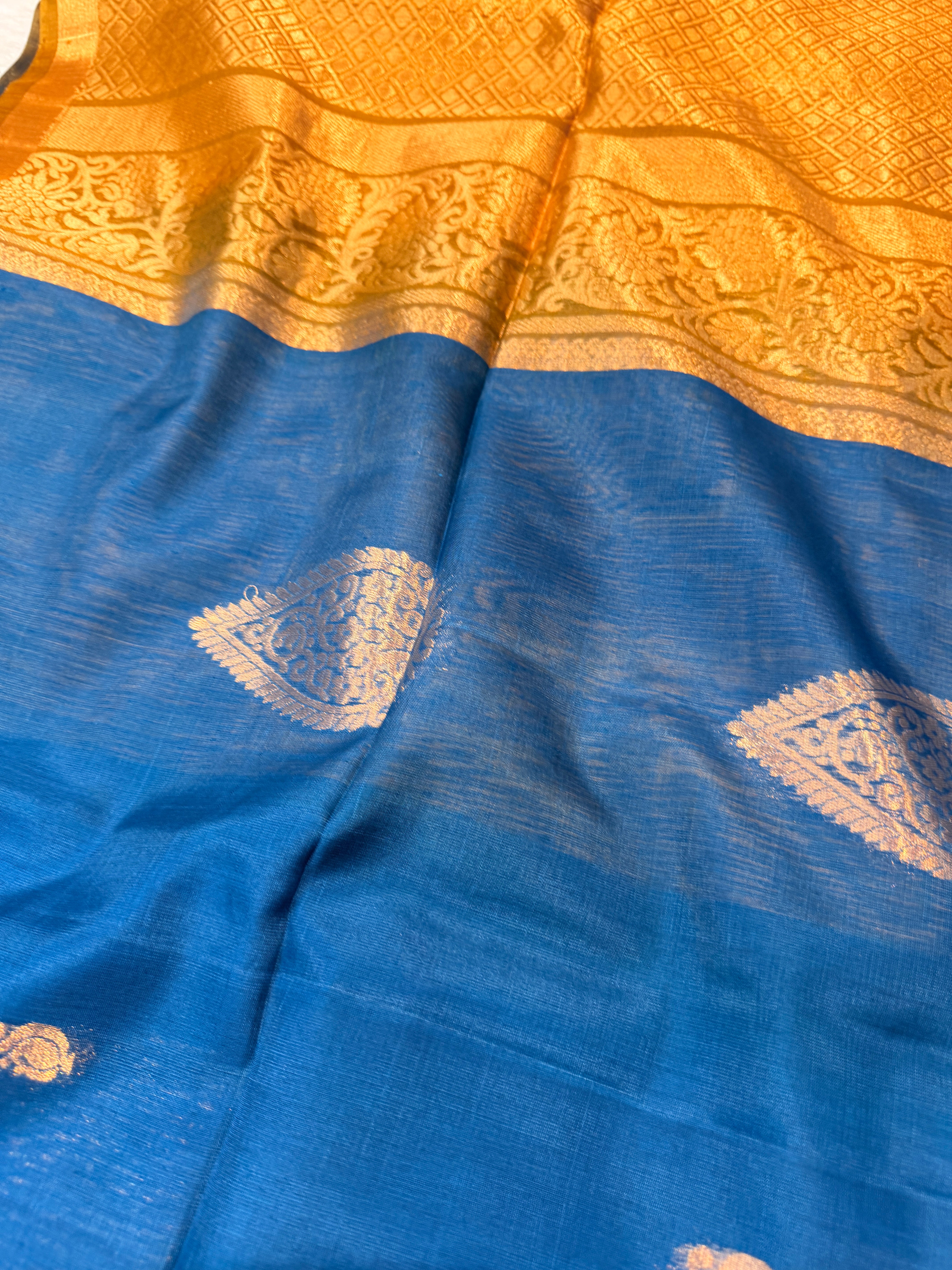 Pure Kanchi Cotton Silk- Blue N Mustard