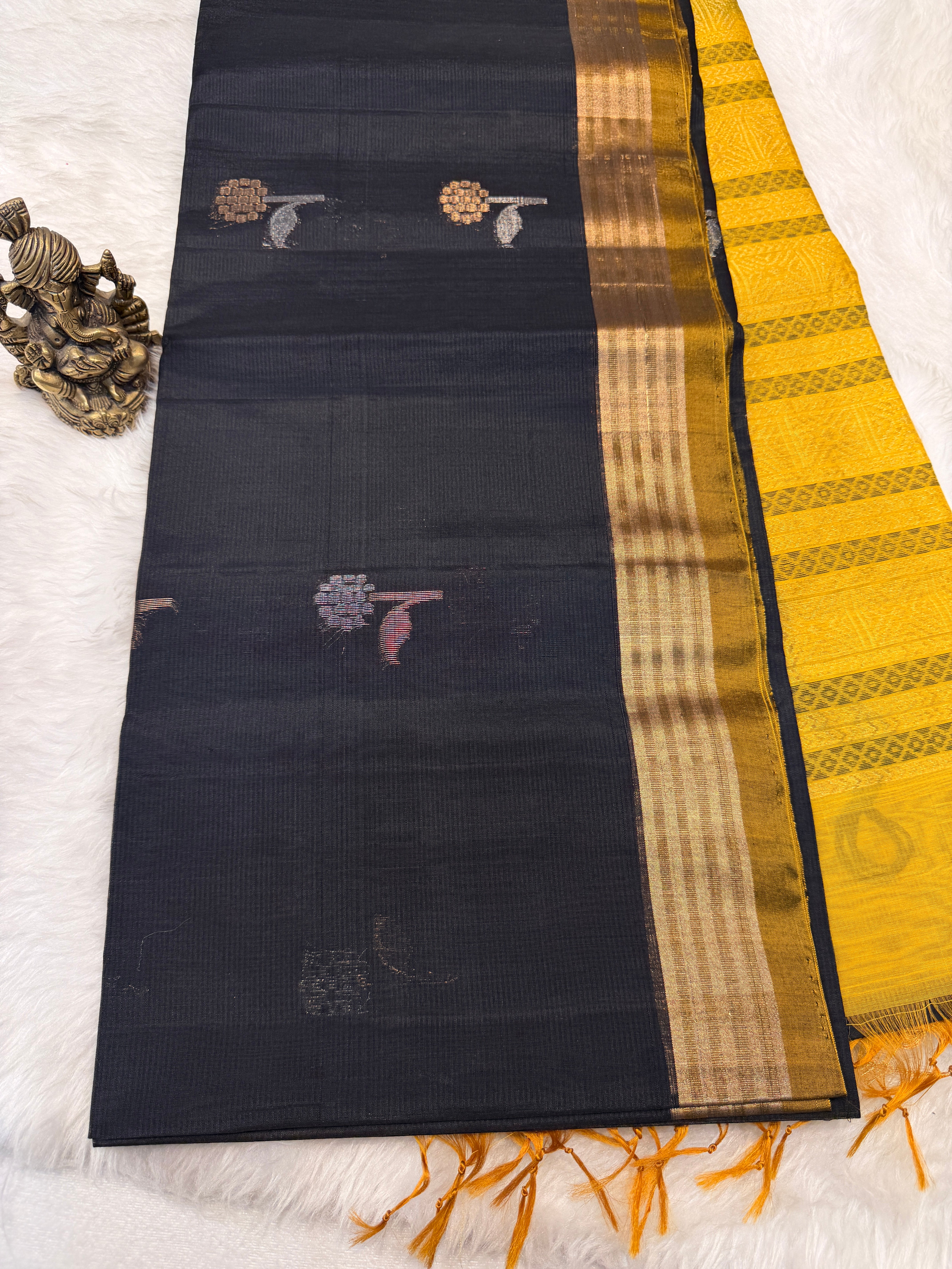 Pure Kanchi Cotton Silk- Black N Yellow