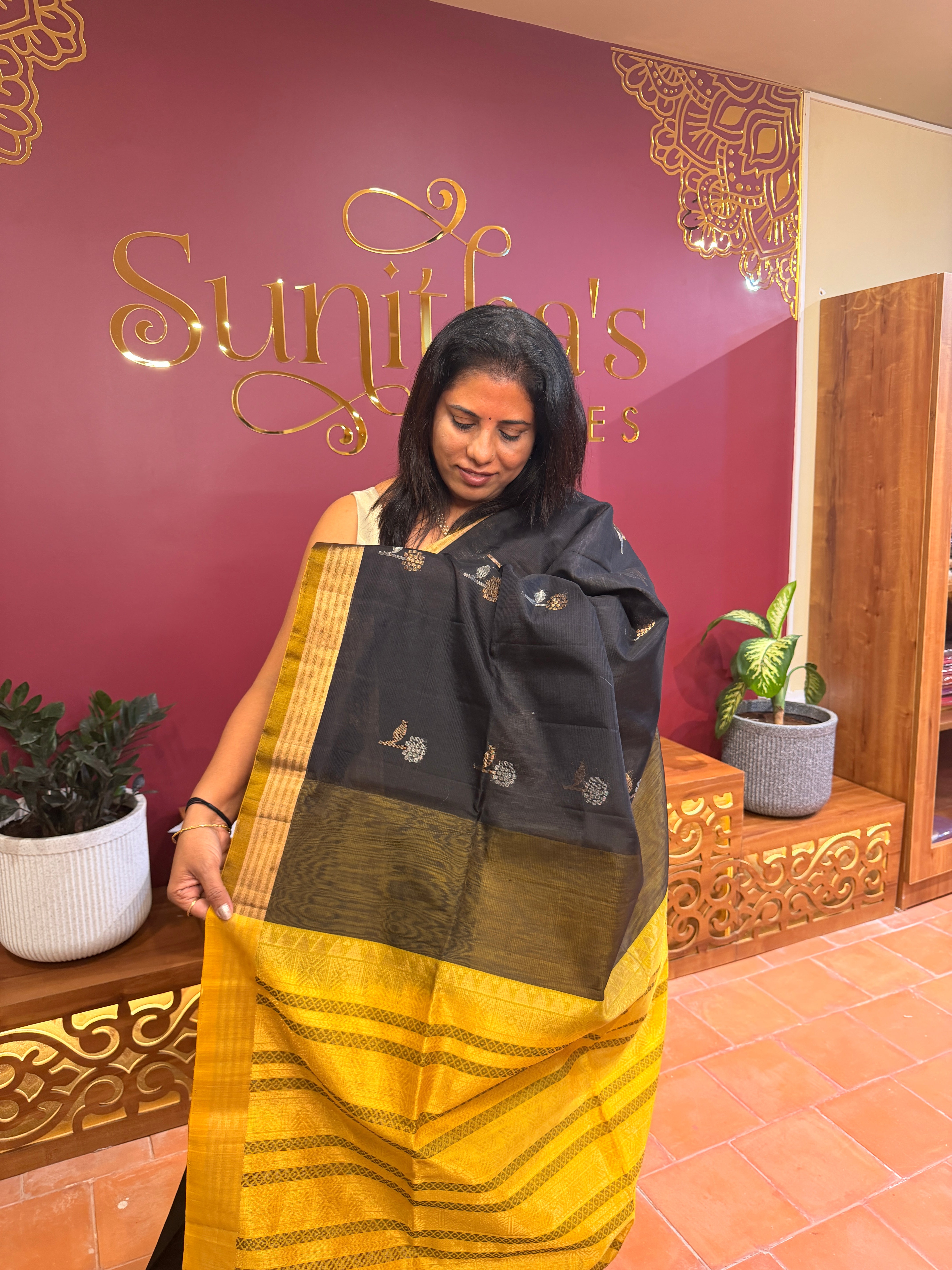 Pure Kanchi Cotton Silk- Black N Yellow