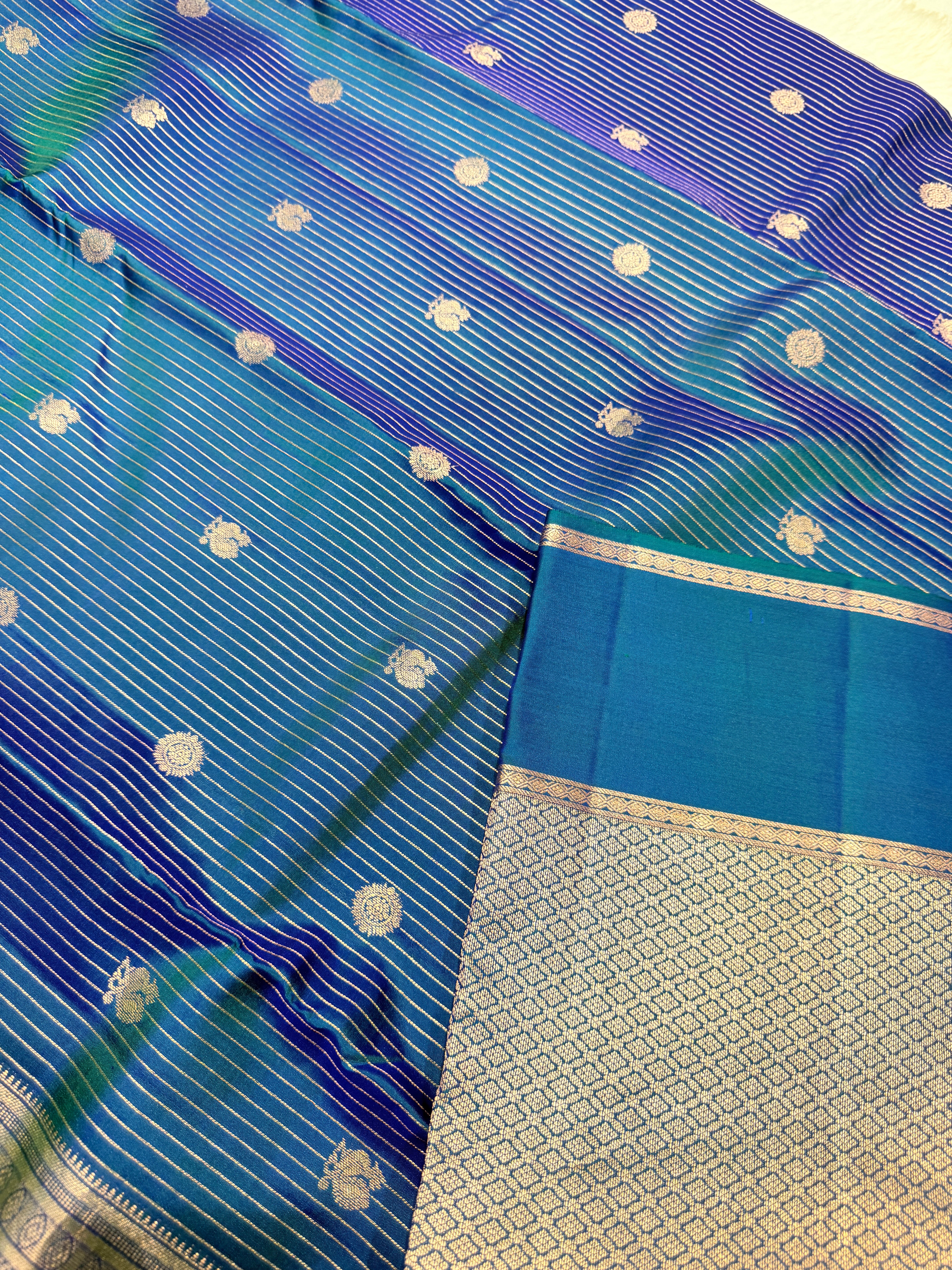Pure Kanchi Stripes Bentex Border-PeacockBlue
