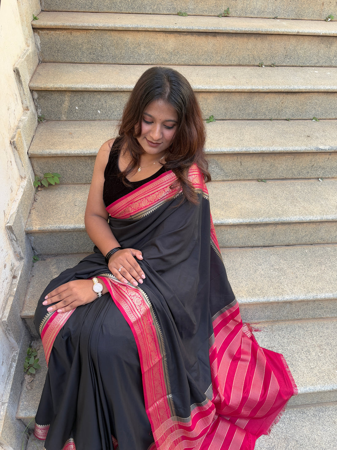 Black and Red Border Semi Mysore Silk Saree