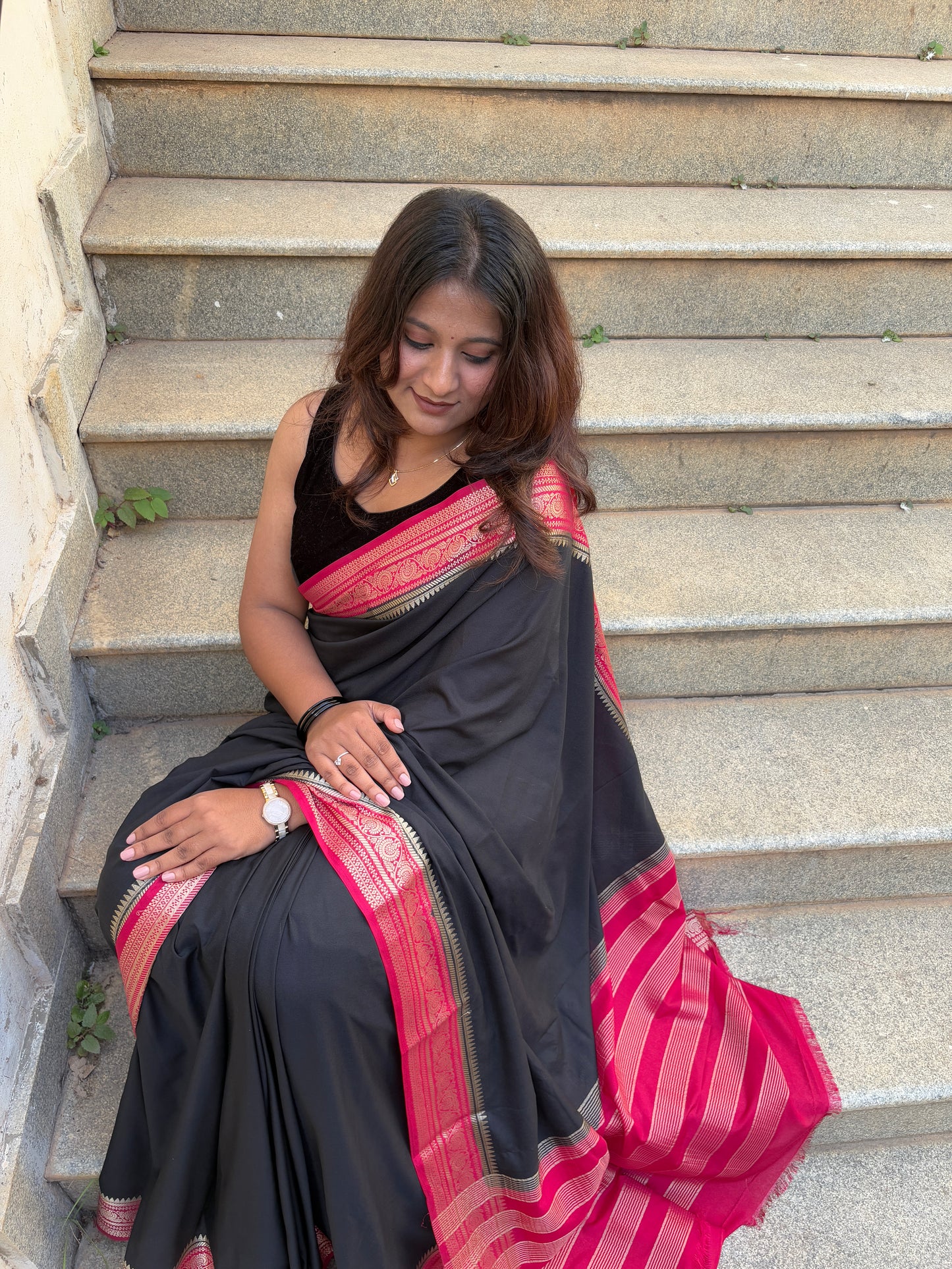 Black and Red Border Semi Mysore Silk Saree