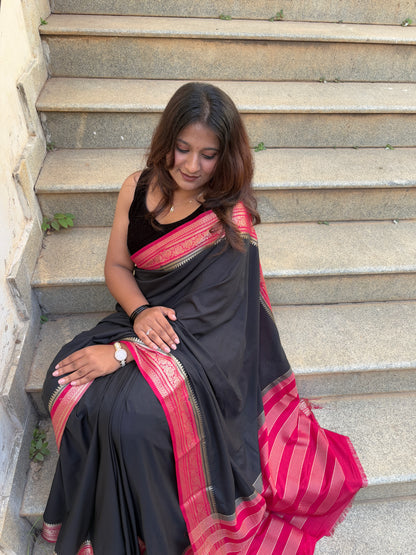 Black and Red Border Semi Mysore Silk Saree