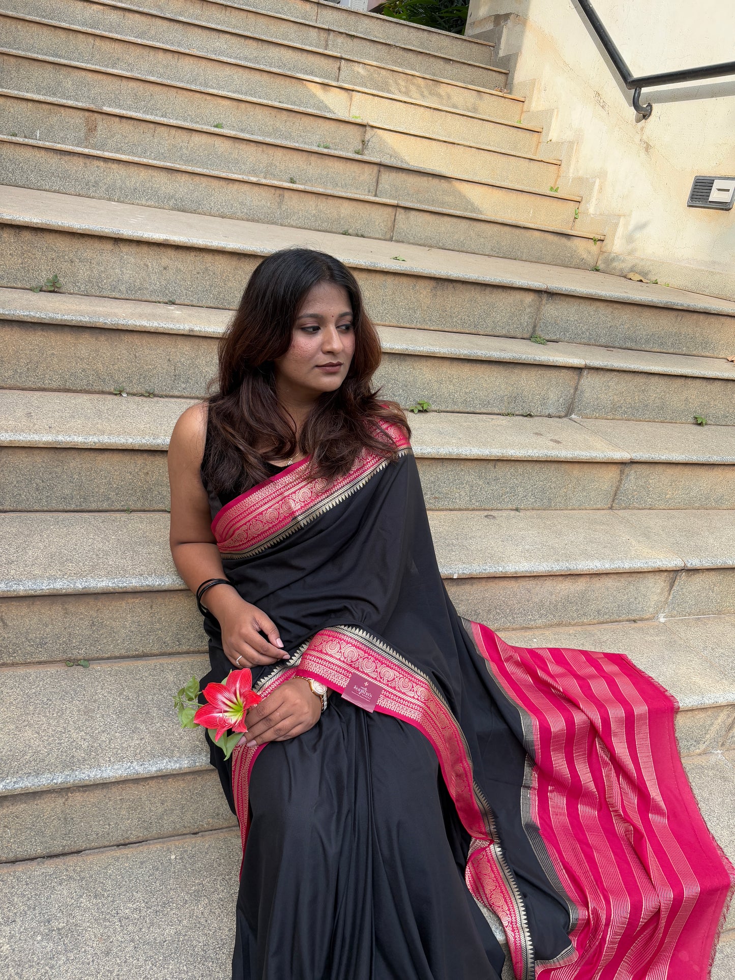 Black and Red Border Semi Mysore Silk Saree
