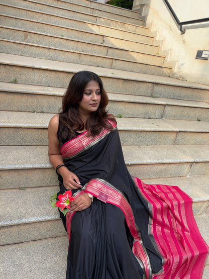 Black and Red Border Semi Mysore Silk Saree