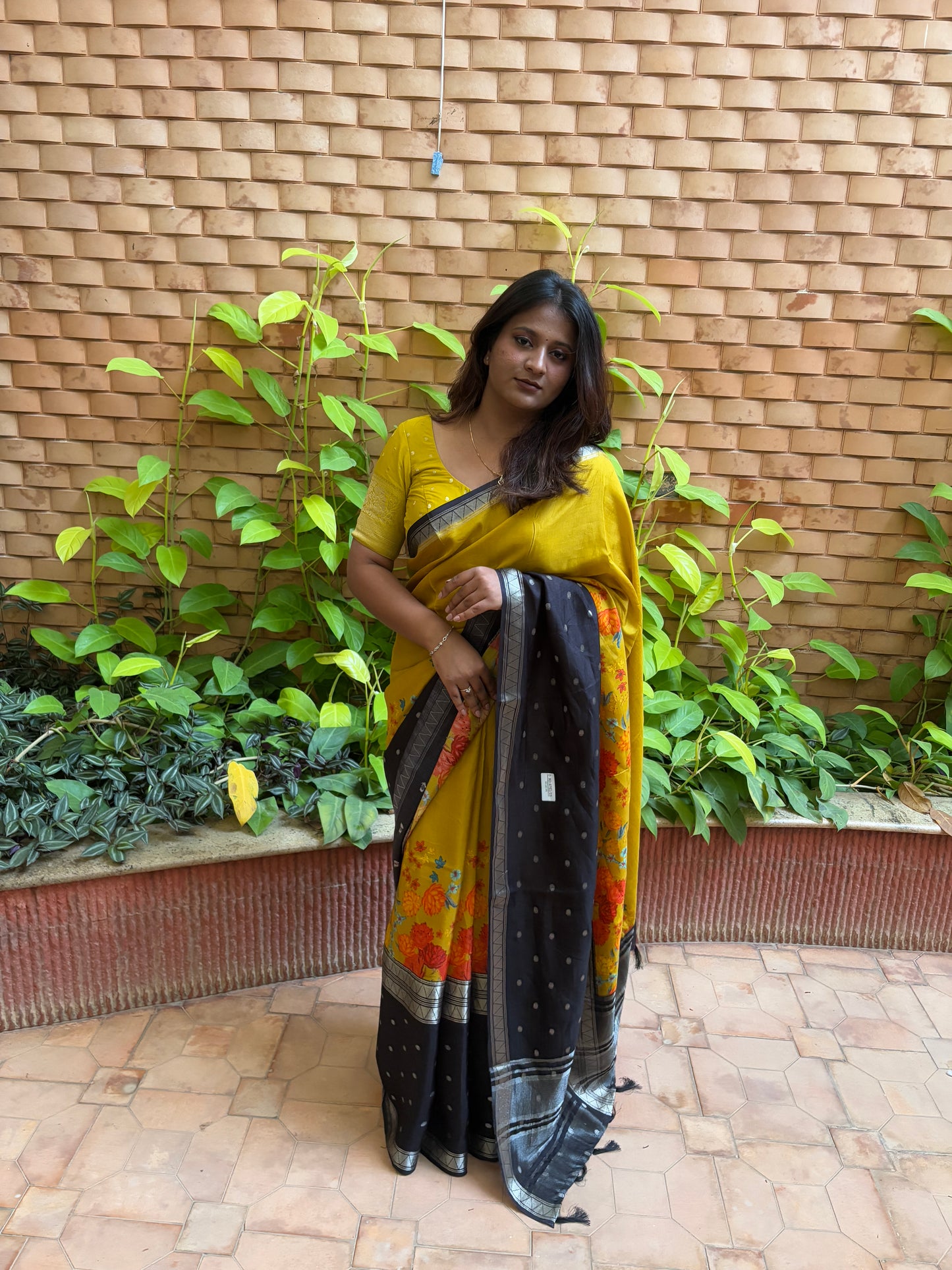 Yellow and Black Half and Half Crepe Silk Saree