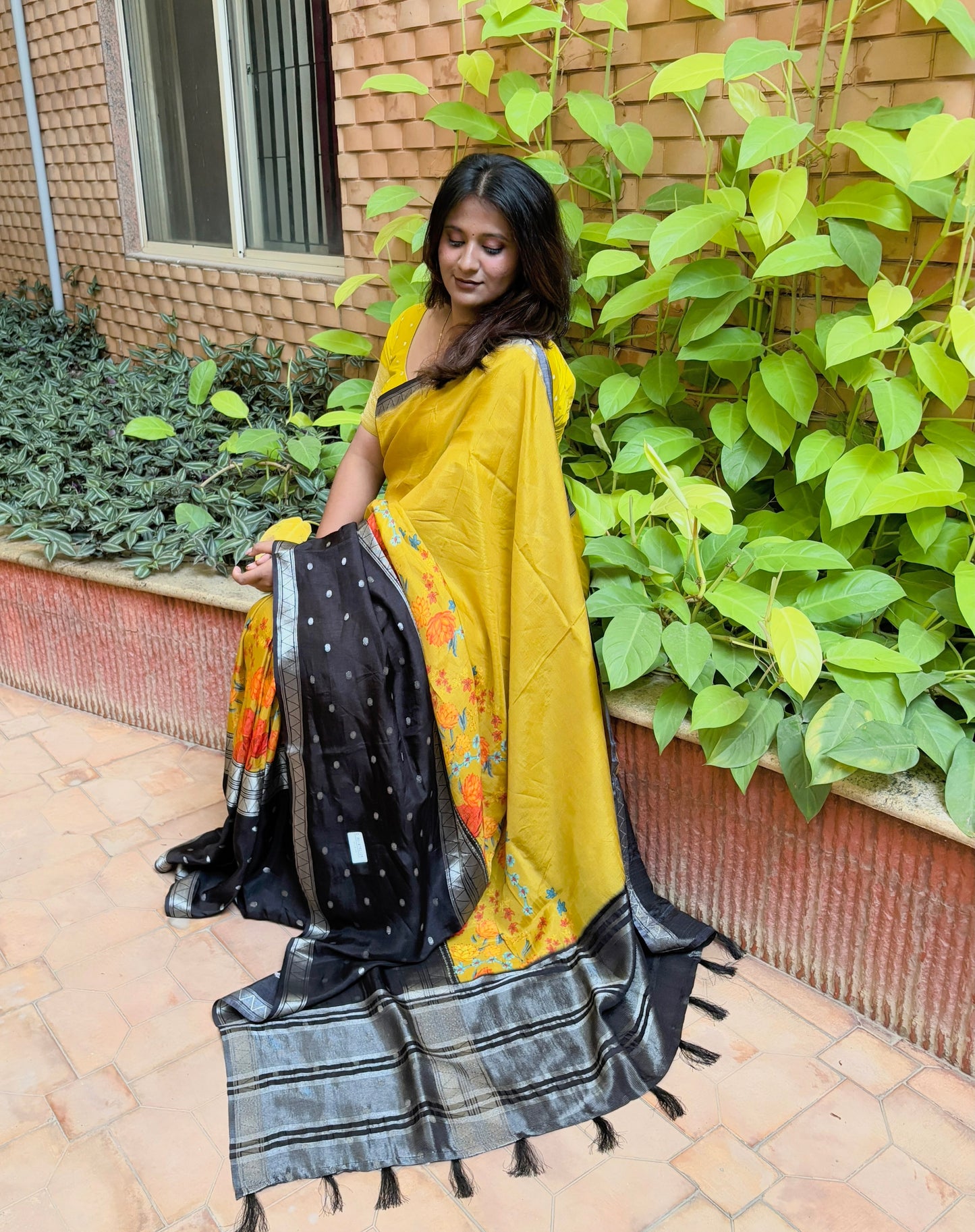 Yellow and Black Half and Half Crepe Silk Saree